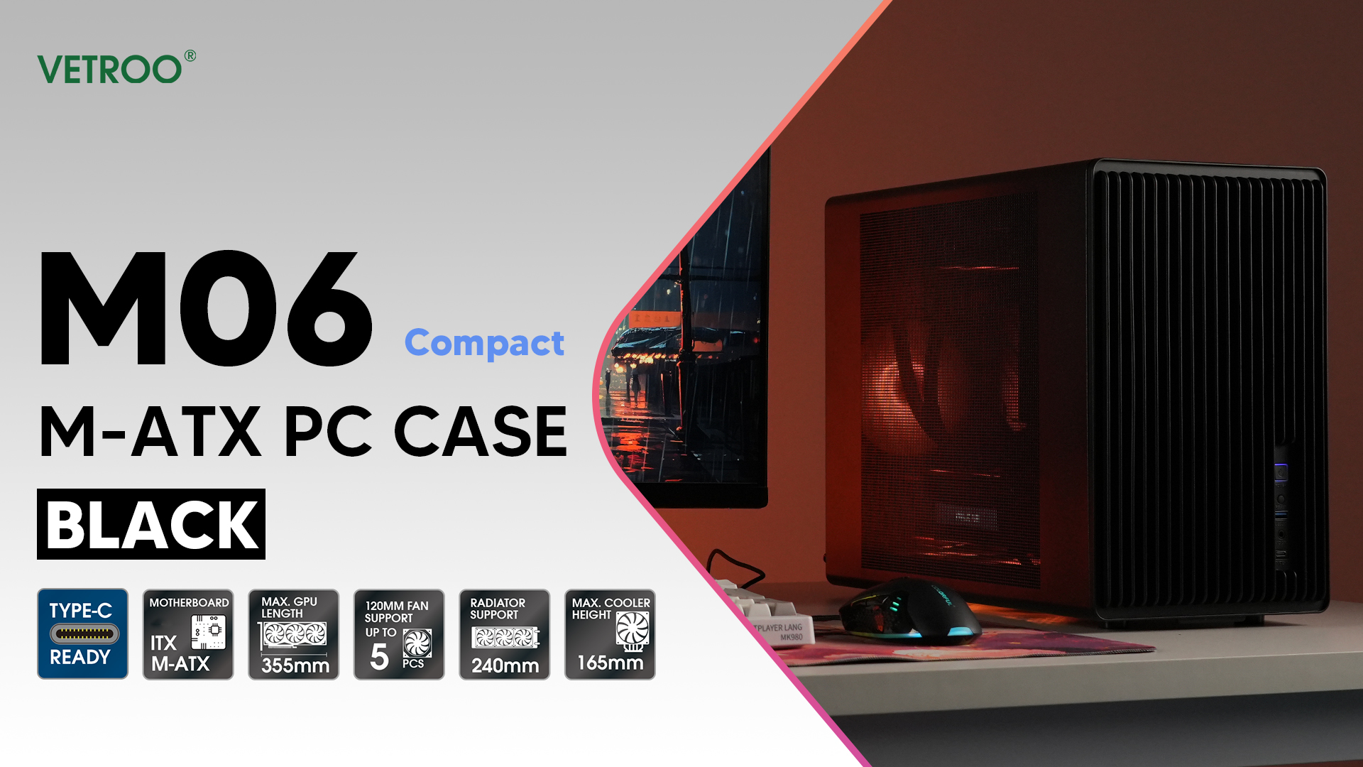thumbnail video image 2 of Vetroo M06 Micro-ATX/Mini-ITX Gaming PC Case, Compact High Airflow Mesh Mid Tower, Supports 5×120mm Fans & 240mm Liquid Cooling, GPU Up to 355mm, Adjustable PSU Mount, USB Type-C I/O - Black, 2 of 10