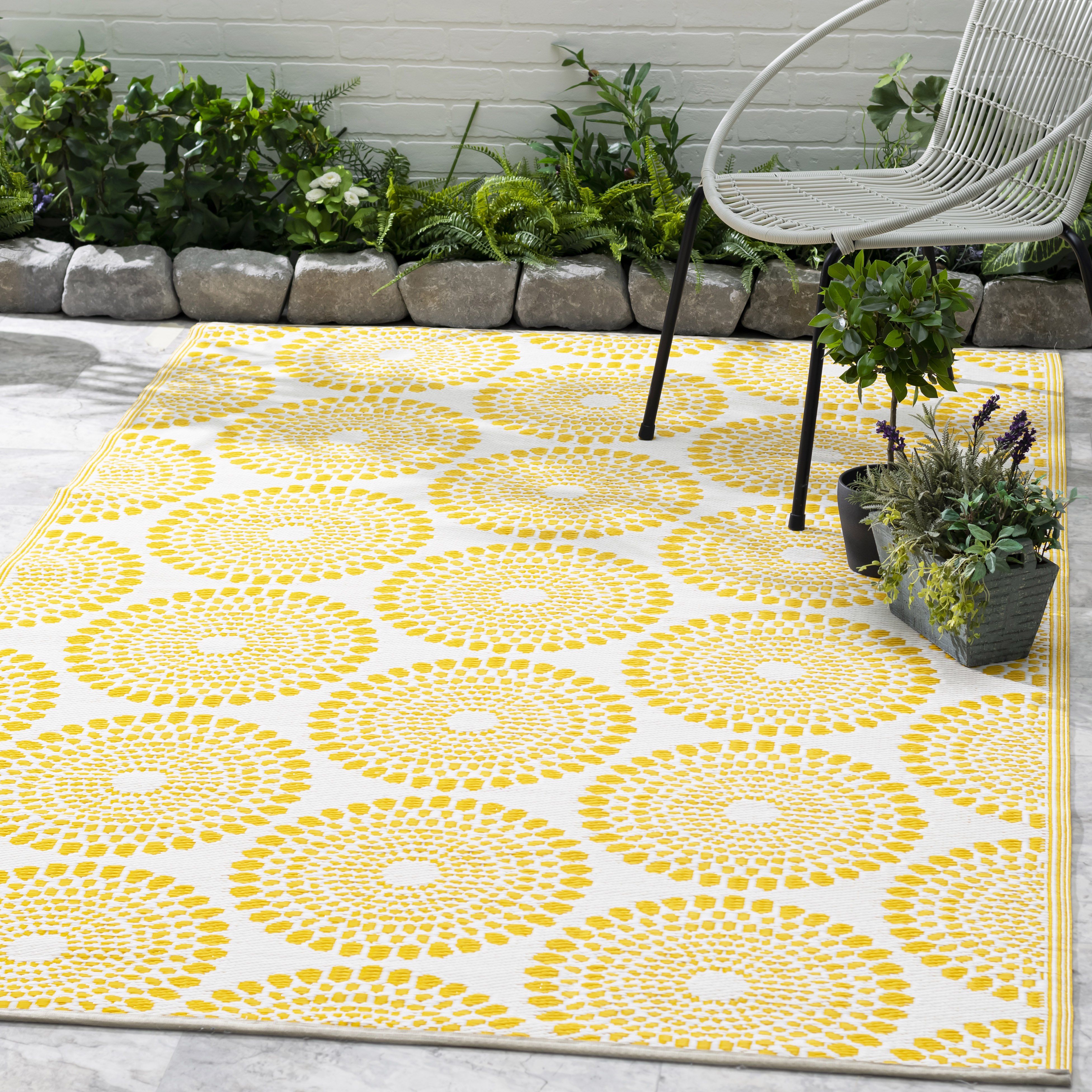 thumbnail video image 2 of Fab Habitat Outdoor Rug - Waterproof, Fade Resistant, Crease-Free - Premium Recycled Plastic - Floral Medallion - Porch, Deck, Balcony, Mudroom, Laundry Room, Patio - Rio - Yellow - 3 x 5 ft, 2 of 10