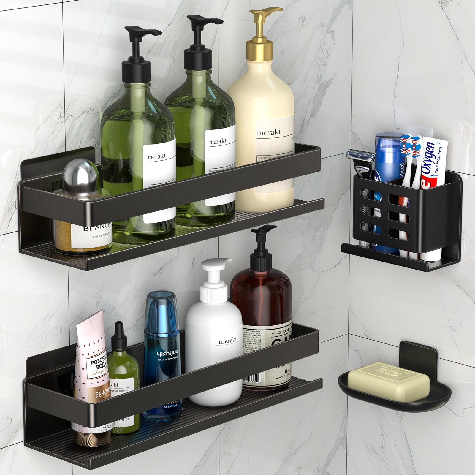 thumbnail video image 2 of YESENT Shower Shelf 4 Pack - Bathroom Shower Shelf Rust-proof Aluminum Adhesive Installation No Drilling Required, Suitable for Bathroom Storage and Home Decoration, 2 of 7