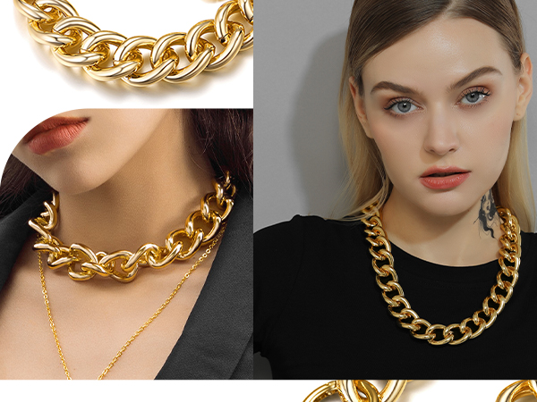 thumbnail video image 2 of KeyStyle Choker Necklaces for Women Link Chain Necklace Gold Plated Cuban Choker Chunky Personalized Jewelry Valentine Birthday Gift, 2 of 10