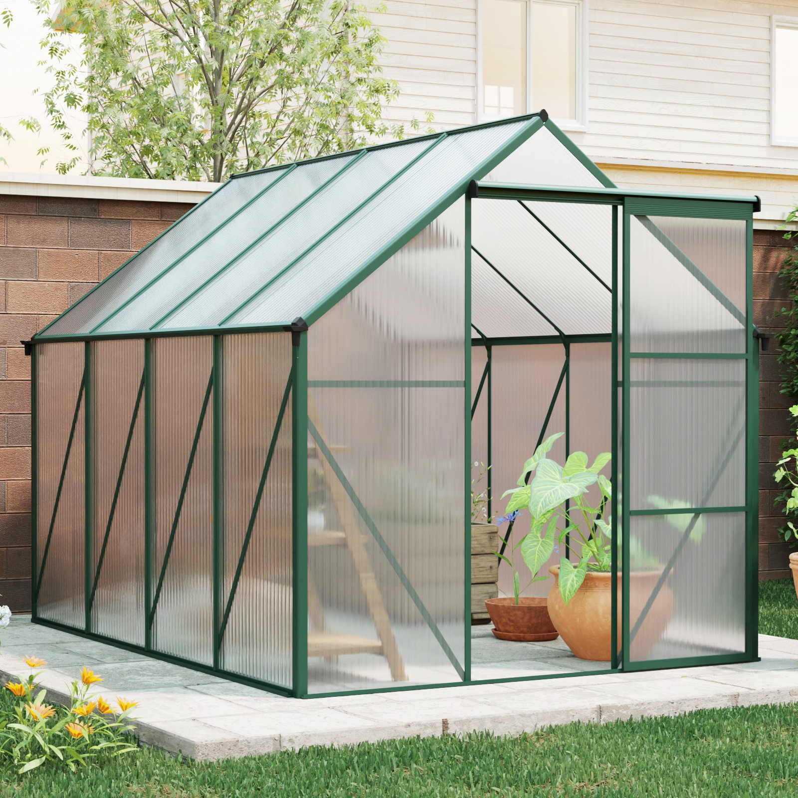 thumbnail video image 2 of Enyopro 6 x 8 Walk-in Greenhouse Kit for Outdoors, Polycarbonate Green House with Sliding Door, Rain Gutter & Aluminum Frame, Large Plant Grow House for Backyard, Patio, Garden, 2 of 8