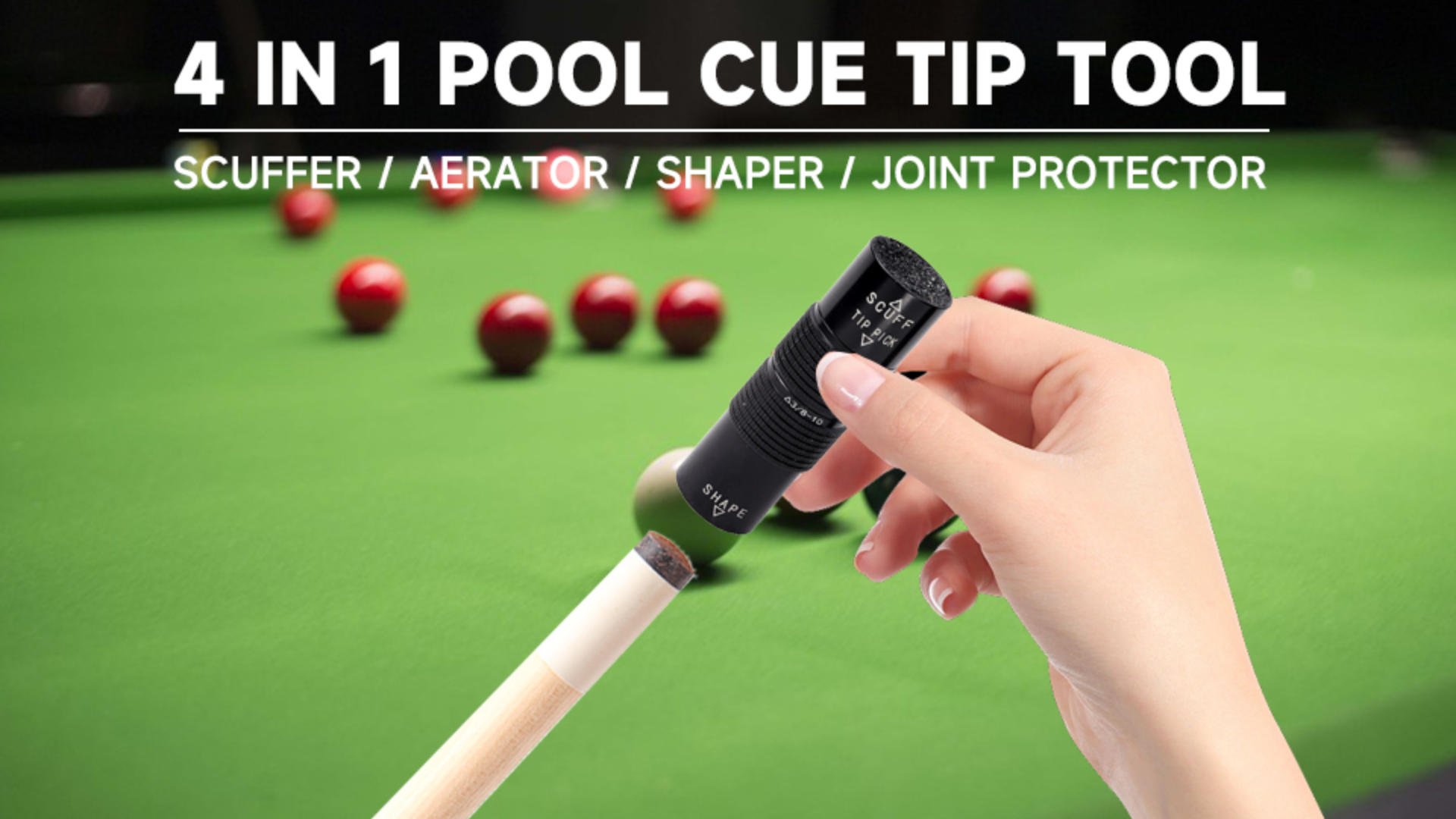 thumbnail video image 2 of GSE Games & Sports Expert 4-in-1 Pool Cue Tip Tool. Billiard Cue Stick Tool Pool Accessories Includes Shaper, Scuffer, Aerator, 3/8-10 Joint Protectors - Black, 2 of 8
