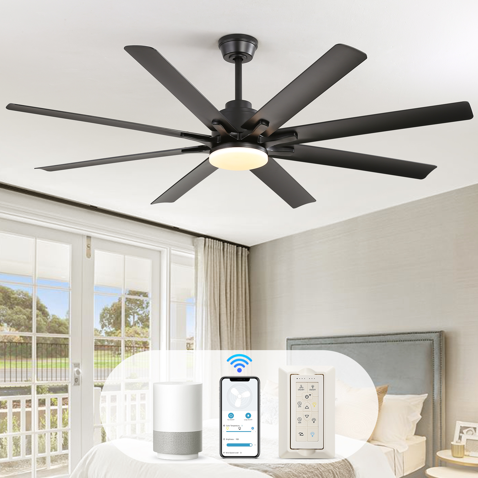 thumbnail video image 2 of Sofucor 66" Modern Black Ceiling Fan with Light ,Phone APP and Remote,Voice Control, 2 of 12