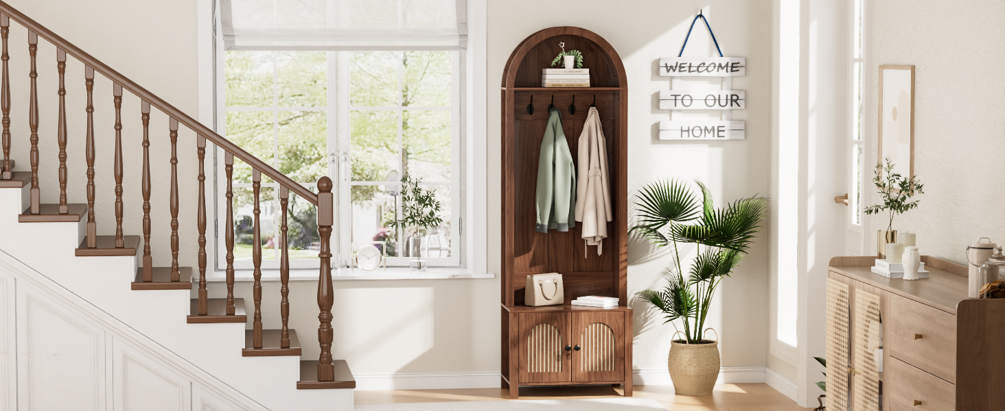 thumbnail video image 2 of Diubas Arch Hall Tree with Bench and Shoe Storage, Farmhouse Coat Rack for Hallway, Entryway, Walnut, 2 of 9