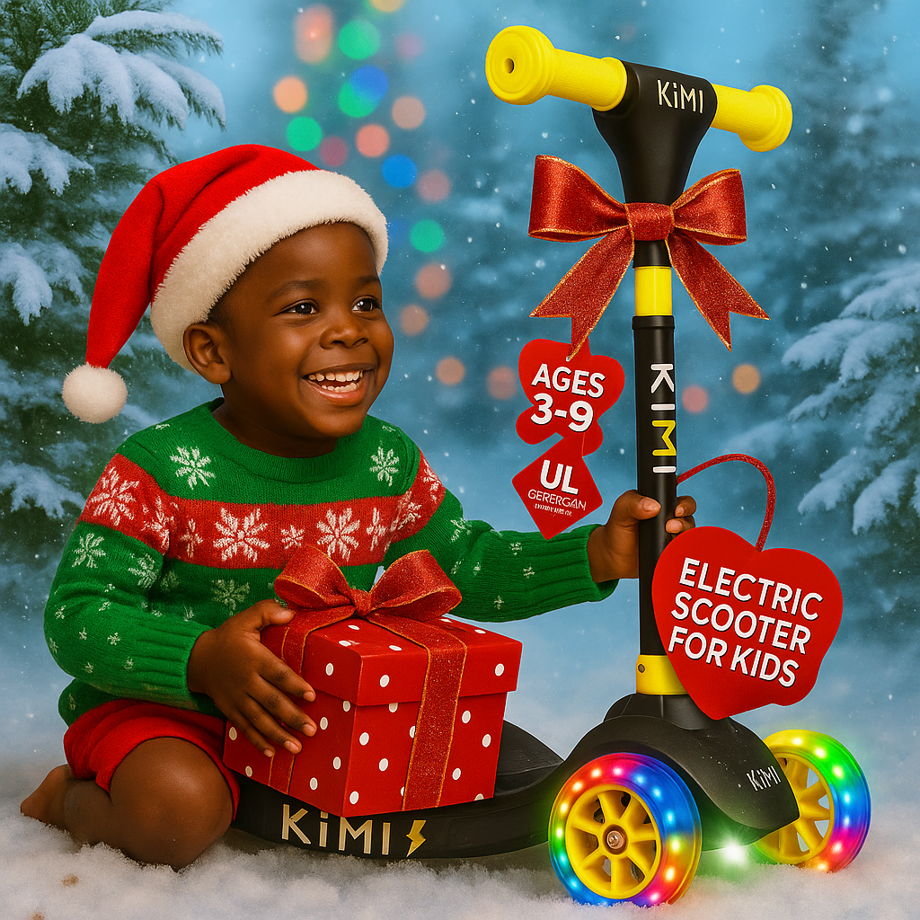 thumbnail video image 2 of KIMI Foldable 3-Wheel Electric Scooter for Kids, Adjustable, Age 2-9, 5Mph, Lights, 10 Miles Range, Charger Included, 2 of 39