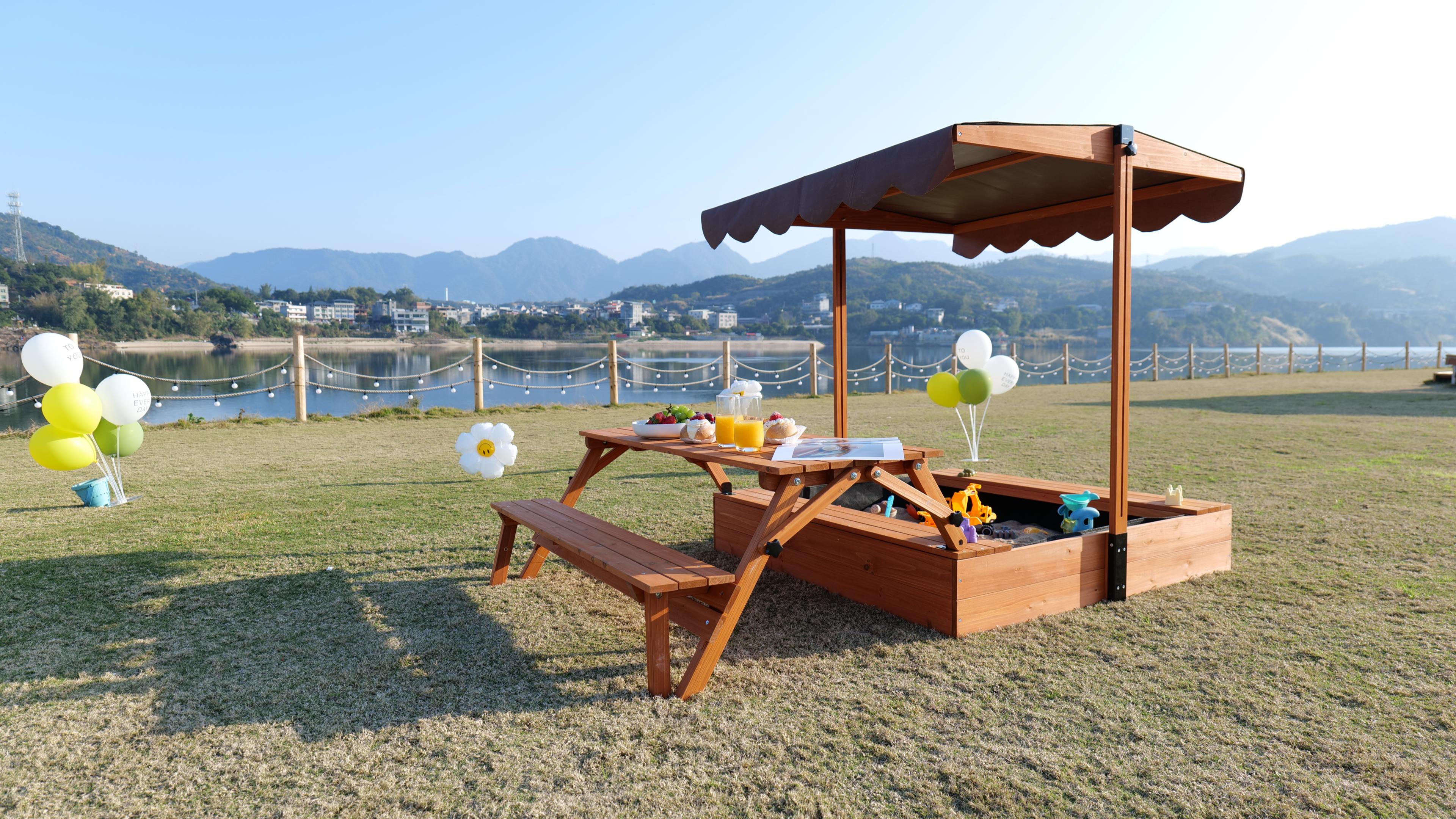 thumbnail video image 2 of Outdoor Kids Sandbox with Picnic Table Foldable Sand Box with Canoppy Wooden Sand Pit with Lid Cover, 2 of 9