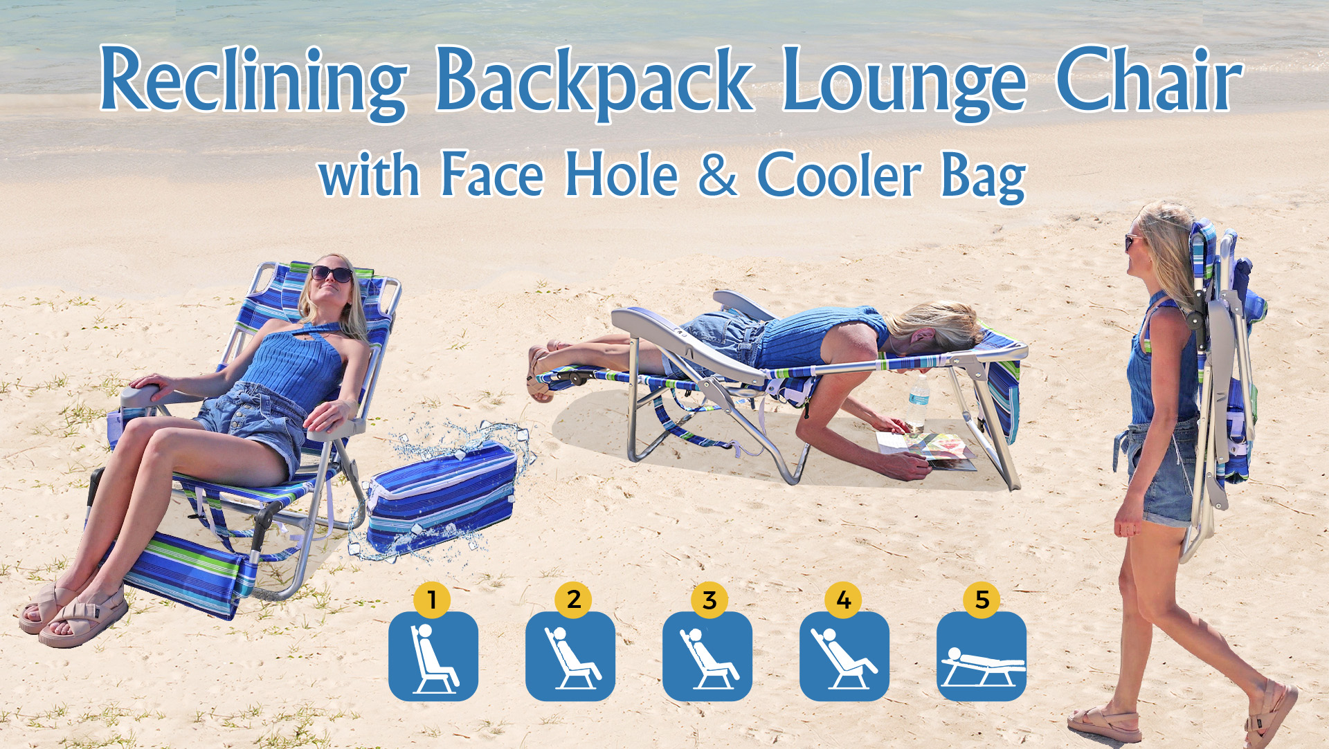 thumbnail video image 2 of Ultimate Heavy Duty Folding Backpack Beach Chair for Adults with Face Hole and Foot Rest | Lay Flat, 5 Reclining Positions | Removable Insulated Cooler Pouch | 300 lbs Weight Capacity, 2 of 9