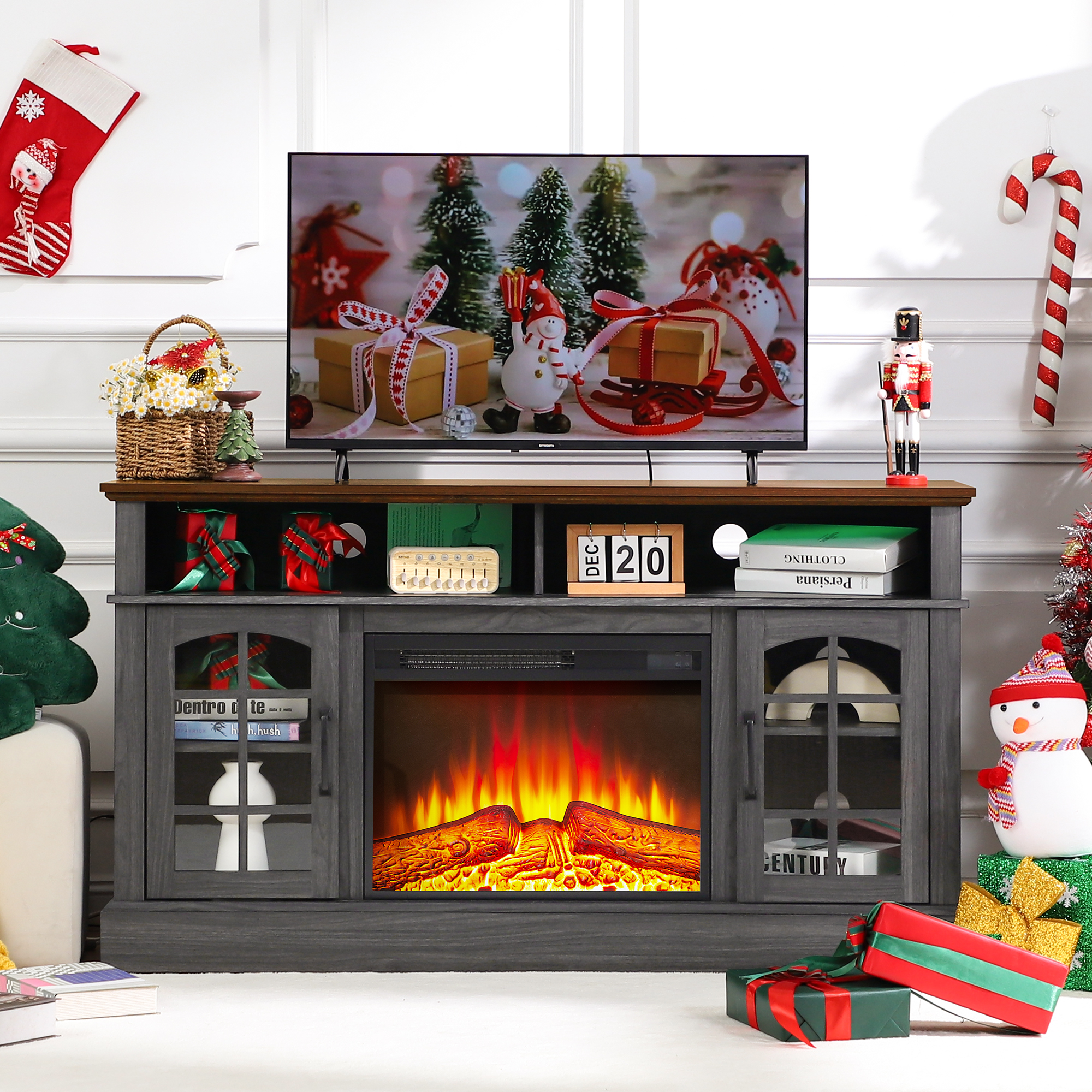 thumbnail video image 2 of Paproos Fireplace TV Stand for 65 inch TV with LED Lights, 31.0in Tall TV Stand with 25'' Electric Fireplace, Entertainment Center for Living Room, 400 Sqt Heating Area, Black Gold, 2 of 8