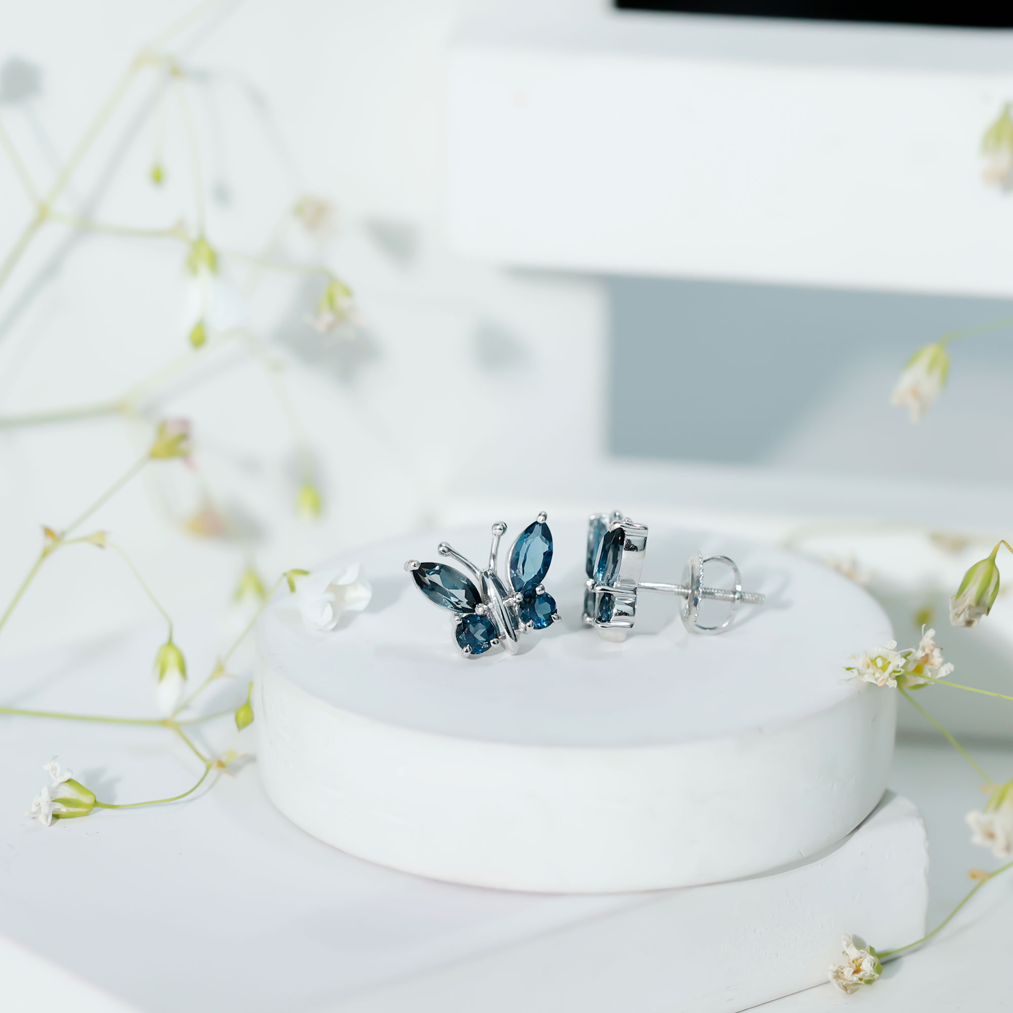 thumbnail video image 2 of Rosec Jewels Butterfly Stud Earrings with London Blue Topaz for Women (AAA Quality), 14K Yellow Gold, 2 of 7