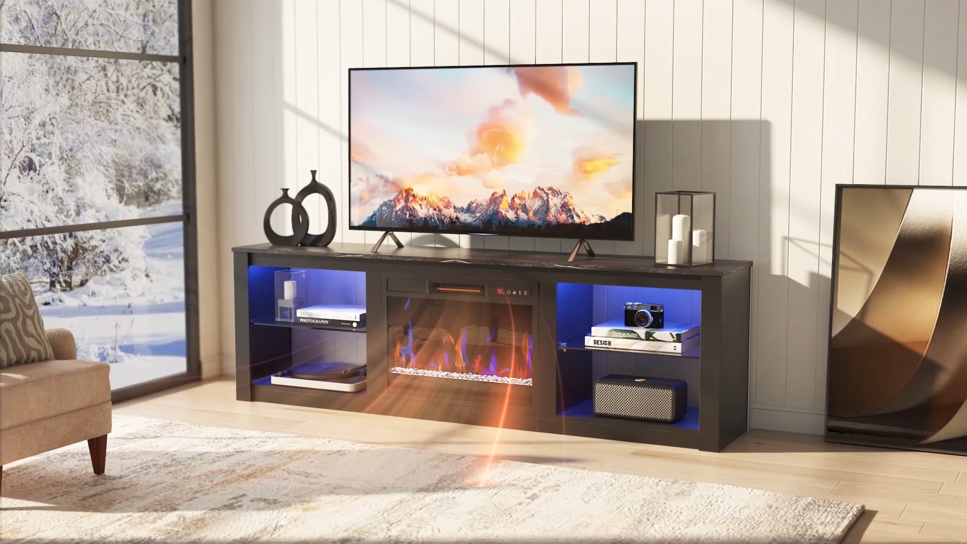 thumbnail video image 2 of Bestier Fireplace TV Stand for 75 inch TVs,TV Stand with Fireplace & 23 inch Electric Fireplace, Modern Entertainment Center with Fireplace for Living Room or Bedroom, RGB Lighting, Black, 2 of 16