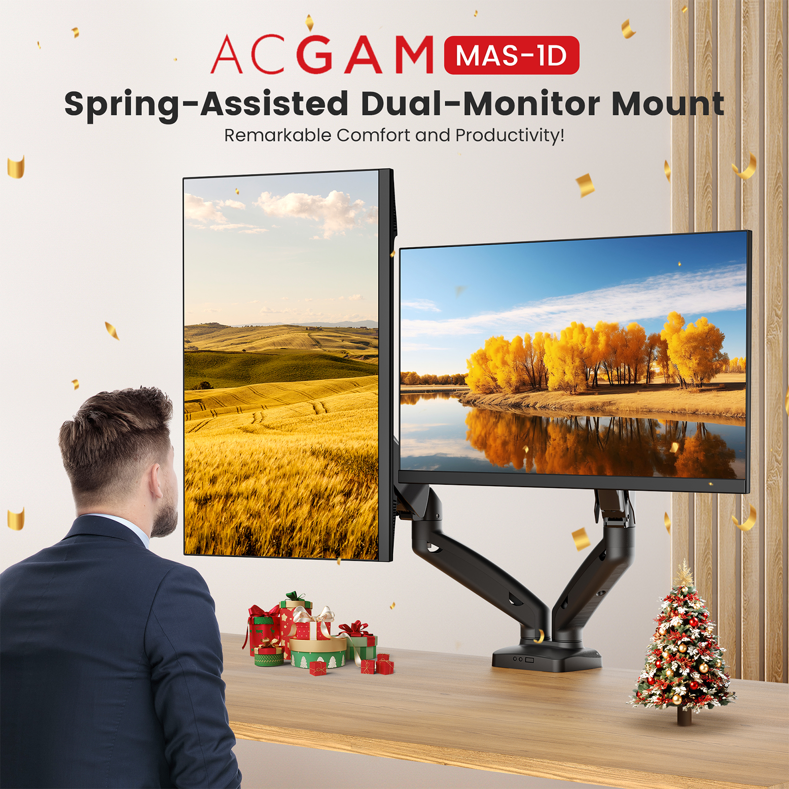 thumbnail video image 2 of ACGAM Dual-Monitor Desk Mount, Fits 2 Screens Up to 32 inches, Adjustable Monitor Arm for 17”-32” Screen, Monitor Stand with C-Clamp Grommet Base, up to 19.8lbs, 2 of 15