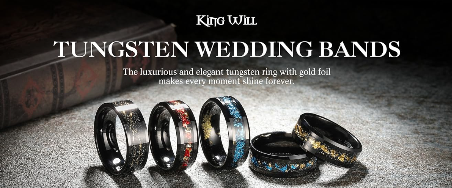 thumbnail video image 2 of King Will Mens Black Wedding Band 8mm Tungsten Carbide Wedding Rings Green Foils Inlay High Polished Beveled Edge Unique Anniversary Rings Gift for Him Comfort Fit, Size 8, 2 of 8