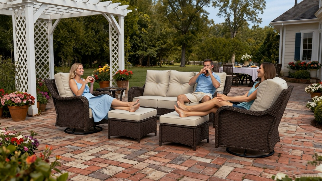 thumbnail video image 2 of LayinSun 5 Piece Wicker Outdoor Furniture Set with 6-inch Comfy Cushions, High Back Patio Furniture Set with Swivel Rocking Chairs and Side Table, 2 of 9