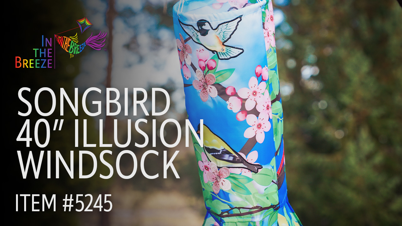 thumbnail video image 2 of In the Breeze 5245 — Songbird 40-inch Illusion Windsock — Vibrant, Fully Printed Windsock with Embroidered Details, 2 of 6