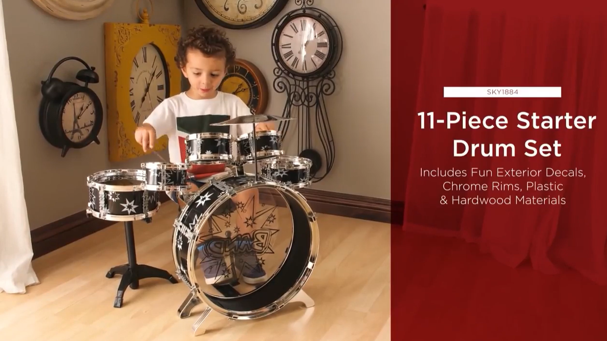 thumbnail video image 2 of Best Choice Products 11-Piece Kids Starter Drum Set w/ Bass Drum, Tom Drums, Snare, Cymbal, Stool, Drumsticks - Pink, 2 of 7