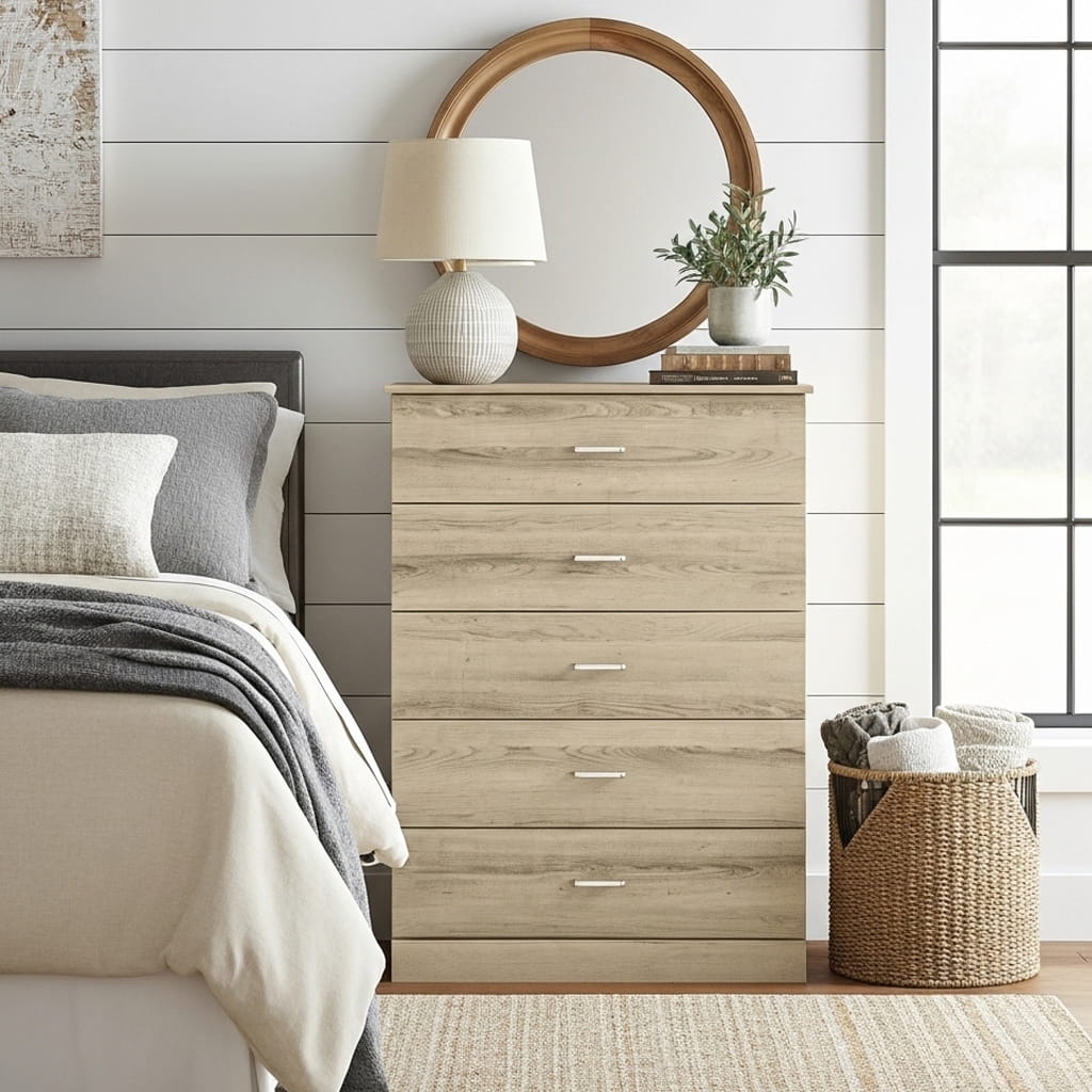 thumbnail video image 2 of STYLIVIA 5-Drawer Dresser for Adults with Metal Handles, Ivory Knotty Oak, 31.3" W x 15.6" D x 47.2" H, 2 of 20