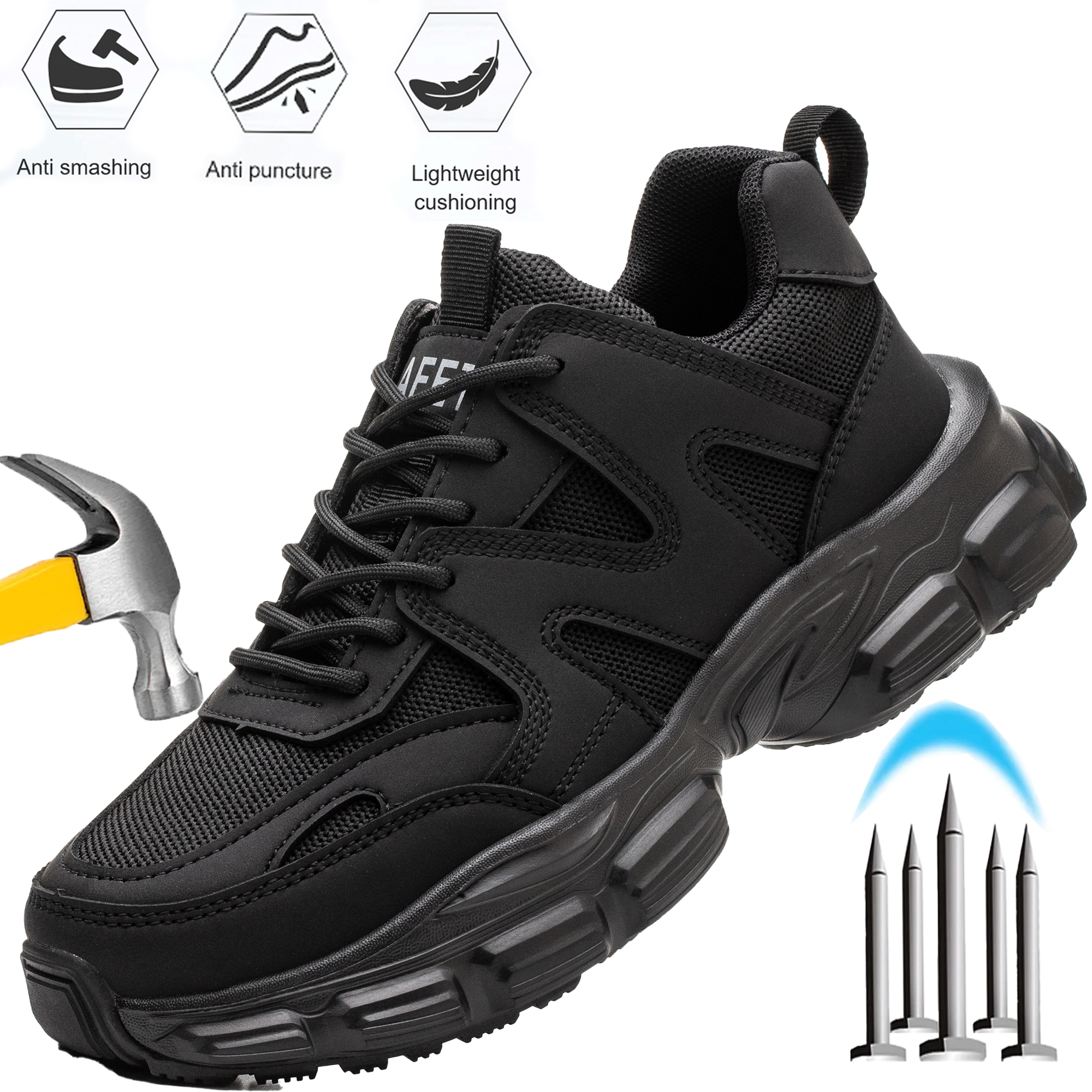 thumbnail video image 2 of SPSHOOS Women's Steel Toe Safety Sneakers, Puncture Proof Non‑Slip Lightweight Work Shoes for Warehouse Construction Factory, Black, 2 of 10