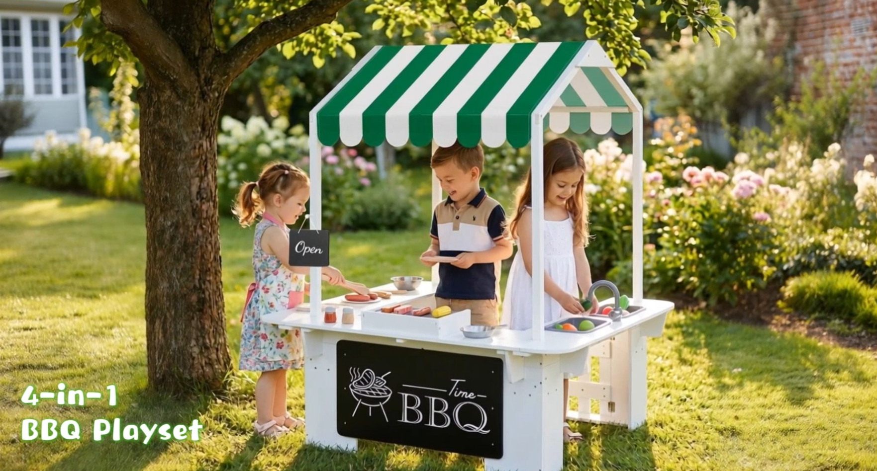 thumbnail video image 2 of Outdoor Mud Kitchen with BBQ Toys, Kids Playhouse Role Play Set for Toddlers Ages 3-8, White, Backyard Kitchen with Grill, Stove & Accessories for Boys & Girls, 2 of 9