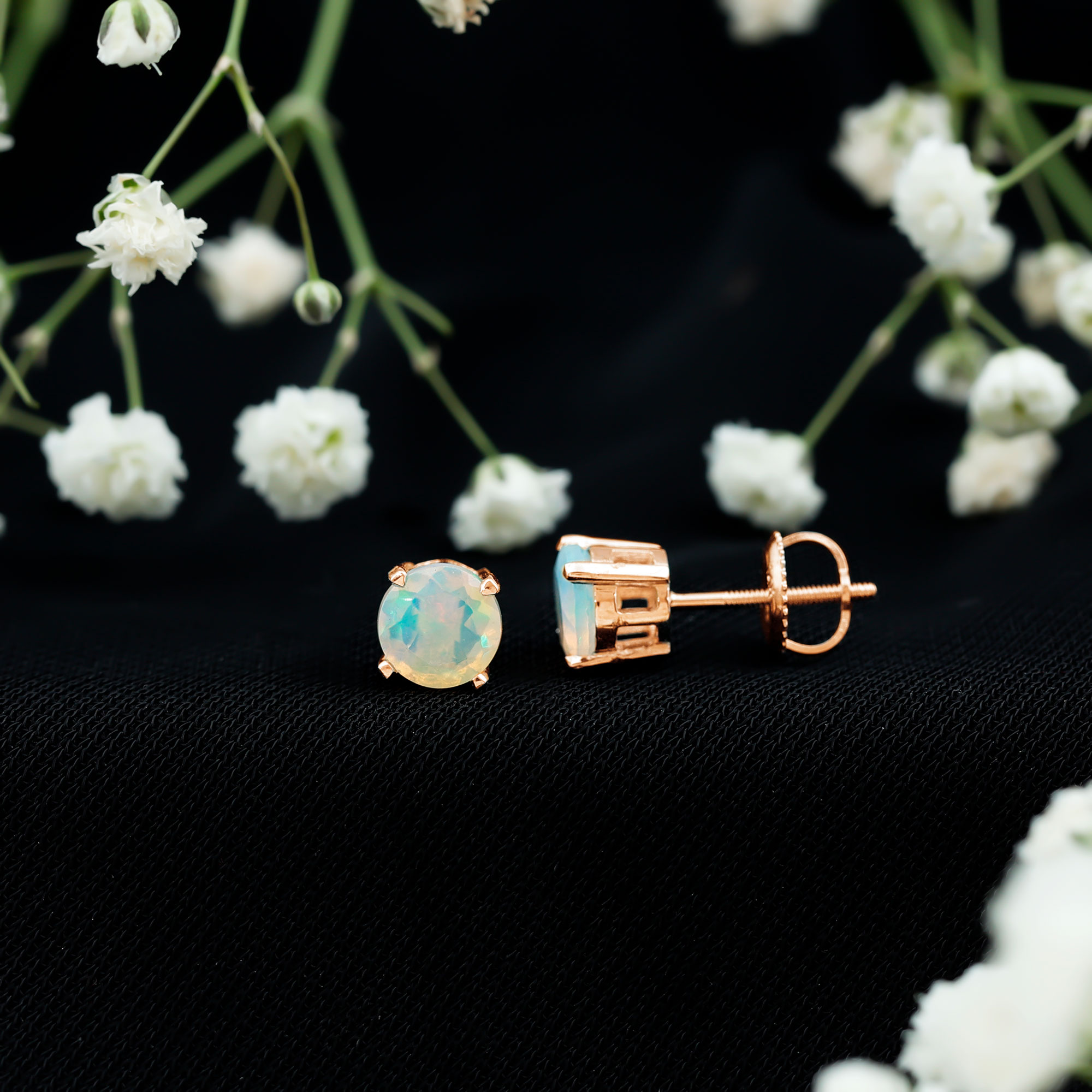 thumbnail video image 2 of Rosec Jewels Real Ethiopian Opal Solitaire Stud Earrings for Women (6 mm, AAA Quality), 10K Yellow Gold, 2 of 9