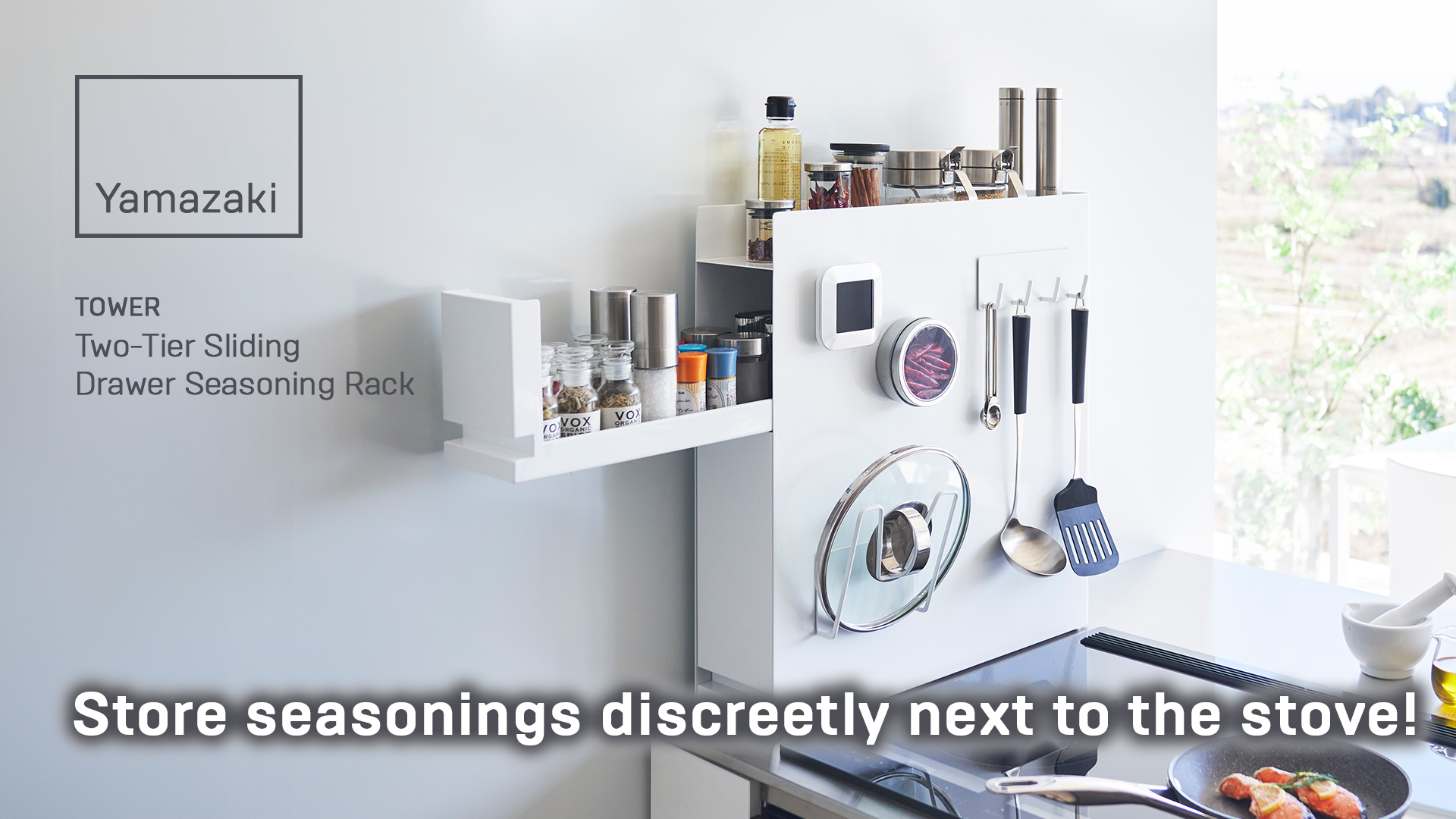 thumbnail video image 2 of Yamazaki Home Two-Tier Sliding Drawer Seasoning Rack, White, Steel, 2 of 8