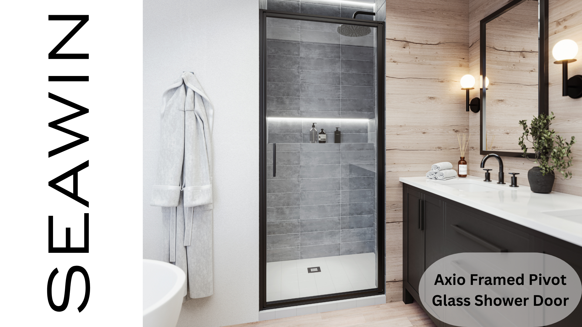 thumbnail video image 2 of Seawin Axio 31.25 - 32 x 72 inches Framed Pivot Shower Door 5/16 in. (8 mm) Clear Tempered Glass with NanoShield Coating Satin Gold, 2 of 8
