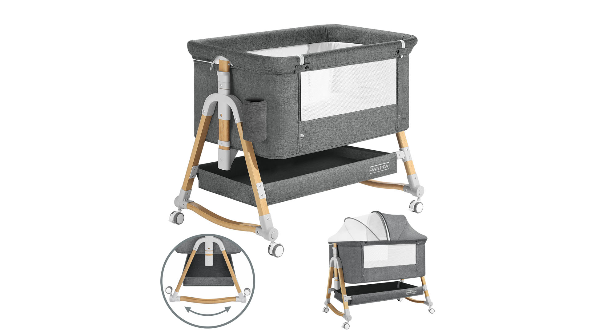 thumbnail video image 2 of HARPPA 3 in 1 Baby Bassinet Bedside Sleeper, Height Adjustable, Easy Folding, Gray, 2 of 10