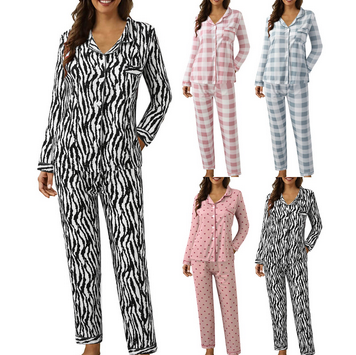 thumbnail video image 2 of Baqcunre Pajama Set,Casual Lapel Button Plaid Print Two Piece Long Sleeve Pajamas Pajamas Suit Two Piece Sets for Women,Lounge Sets for Women Womens Pajamas Blue L, 2 of 8