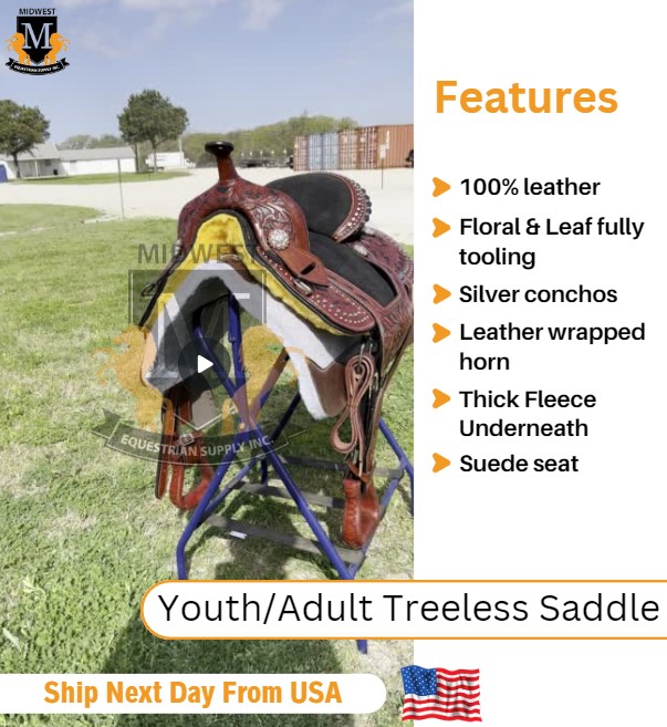 thumbnail video image 2 of Resistance Adults Western Pleasure Trail Treeless Leather Horse Saddle Rawhide Cantle, 2 of 7