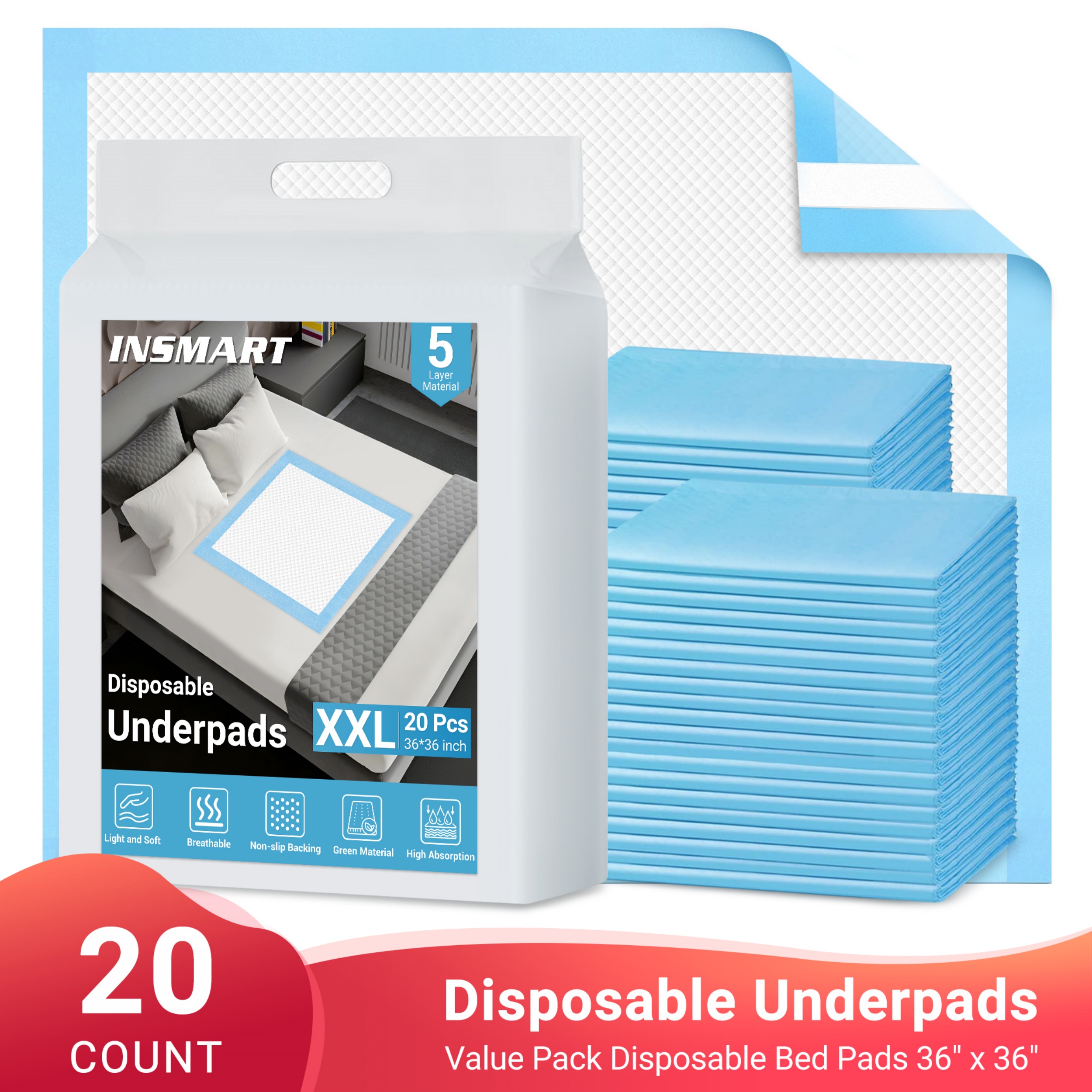 thumbnail video image 2 of INSMART Bed Pads for Incontinence Disposable, 36" x 36", 20 Count Disposable Incontinence Bed Pads-Maximum Absorbent Unisex Large Chucks Pad-Incontinence Bed Pads-Bed Liners Incontinence,XXL(Upgrade), 2 of 7
