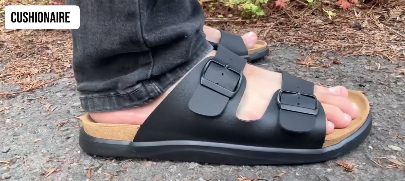 thumbnail video image 2 of Cushionaire Mars Slide Sandals for Men, Comfortable Adjustable Double Buckle Mens Sandals with Arch Support Footbed and EVA Outsole, 2 of 17