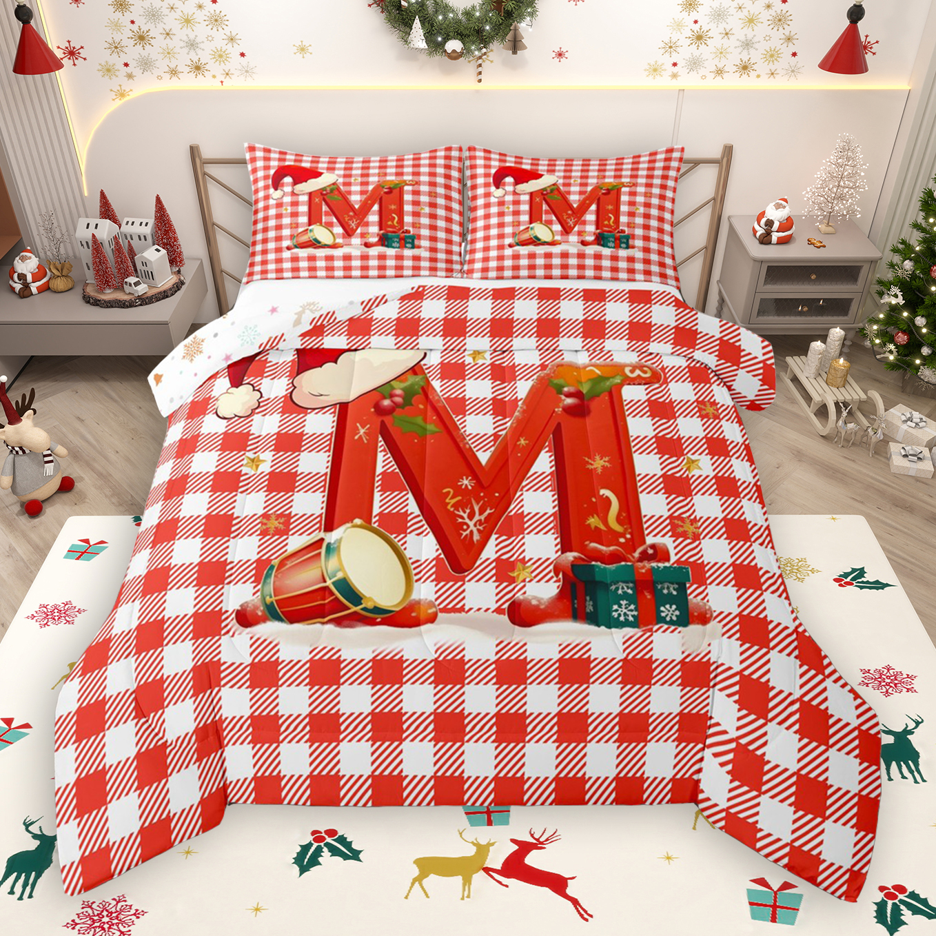 thumbnail video image 2 of Manfei Xmas Personalized Gifts Full Size Comforter Sets,Pink Letter S Bedding Comforter Set,Christmas Cartoon Gingerbread Man Bedding Sets For Princess,Lightweight Room Decoration Reversible,3 Pieces, 2 of 9