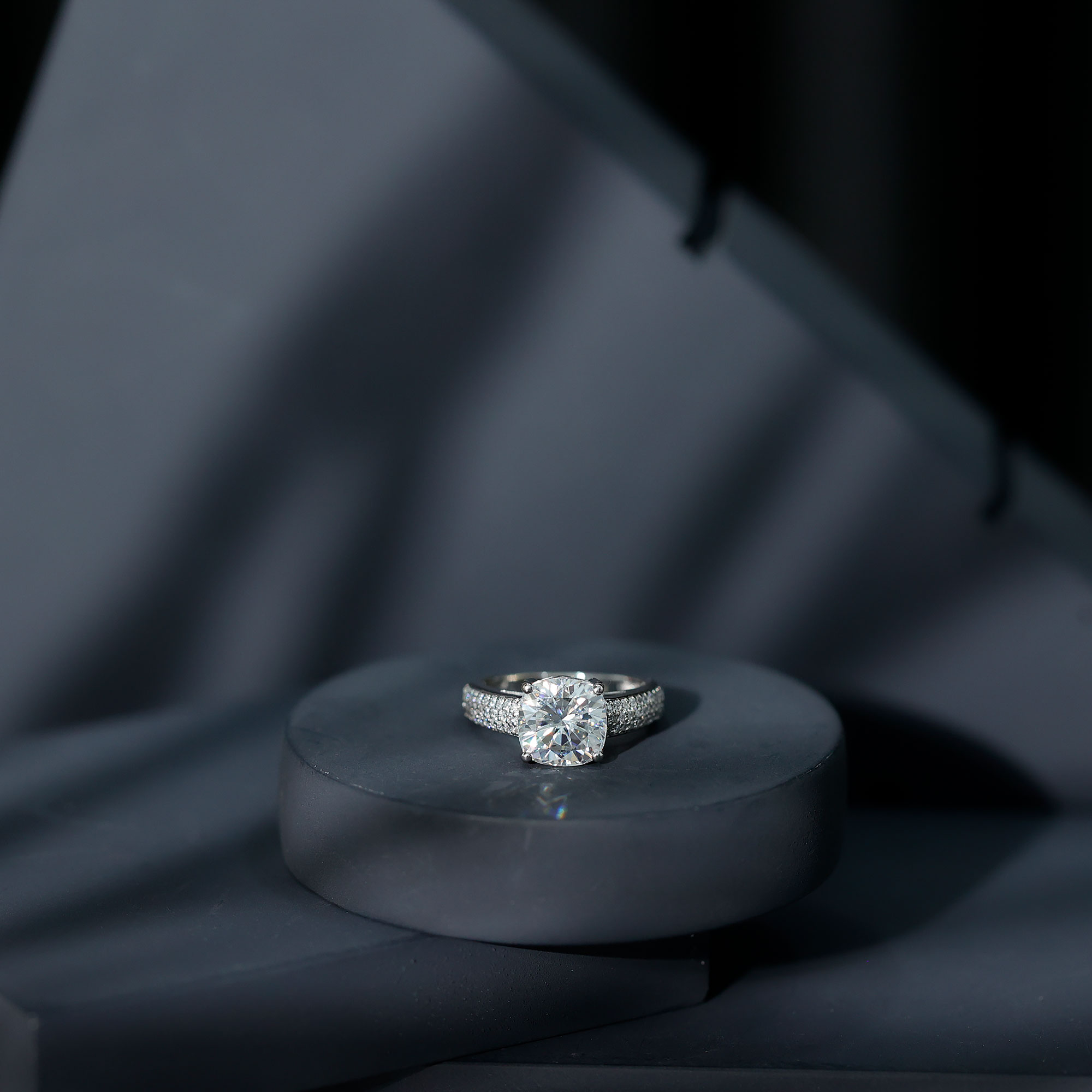 thumbnail video image 2 of Rosec Jewels Cushion Cut Moissanite Engagement Ring with Side Stones (8 mm, 3 Carat, D-VS1 Quality Certified) - with Jewelry Box, 18K White Gold, US 5.00, 2 of 9