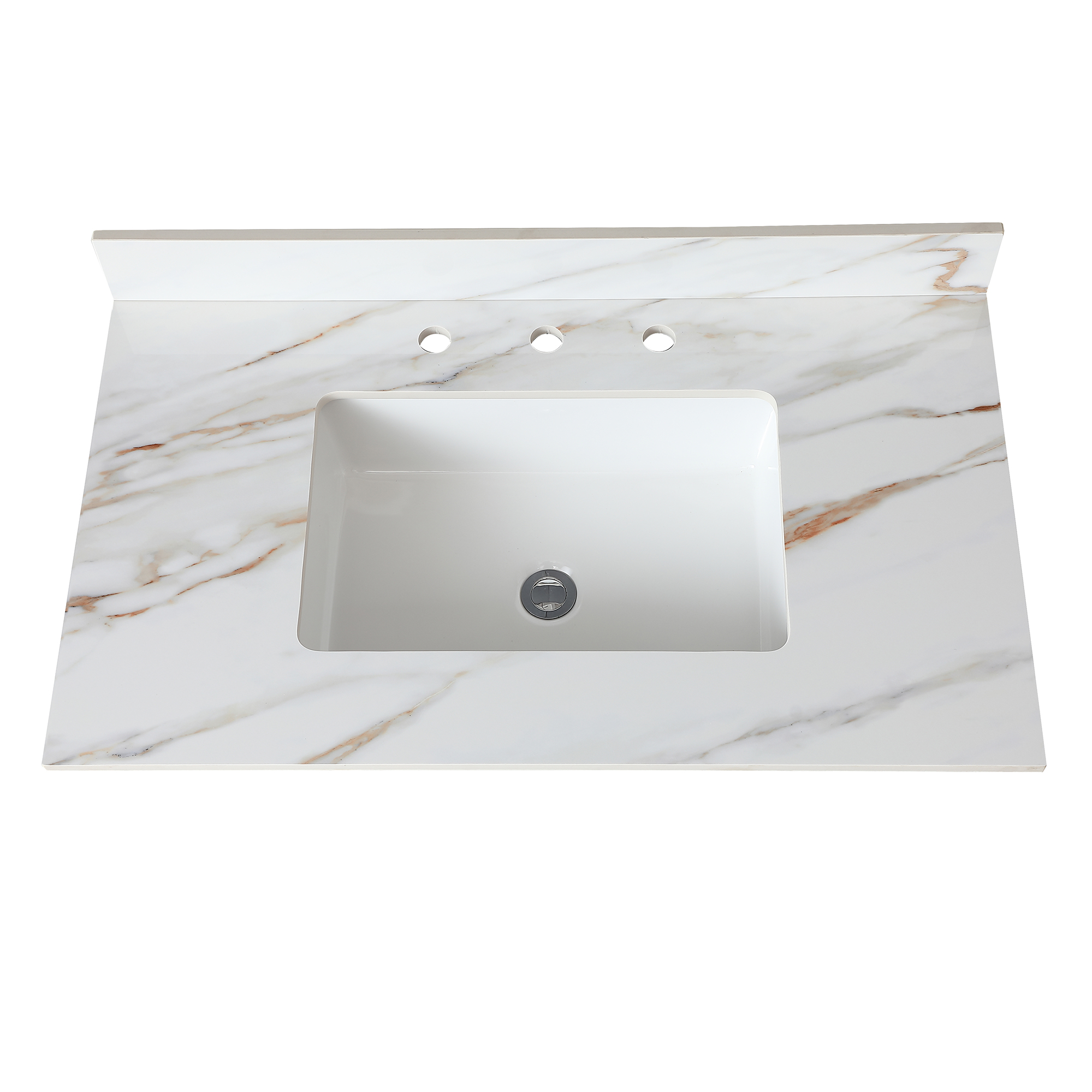 thumbnail video image 2 of MONTARY 31 Inch Marble Vanity Top, Bathroom Vanity Top with Undermount Rectangular Middle Sink and 4" Height Backsplash, Pre-Drilled 8 Inch Faucet Hole Spread Vanity Top, Carrara white with veins, 2 of 10