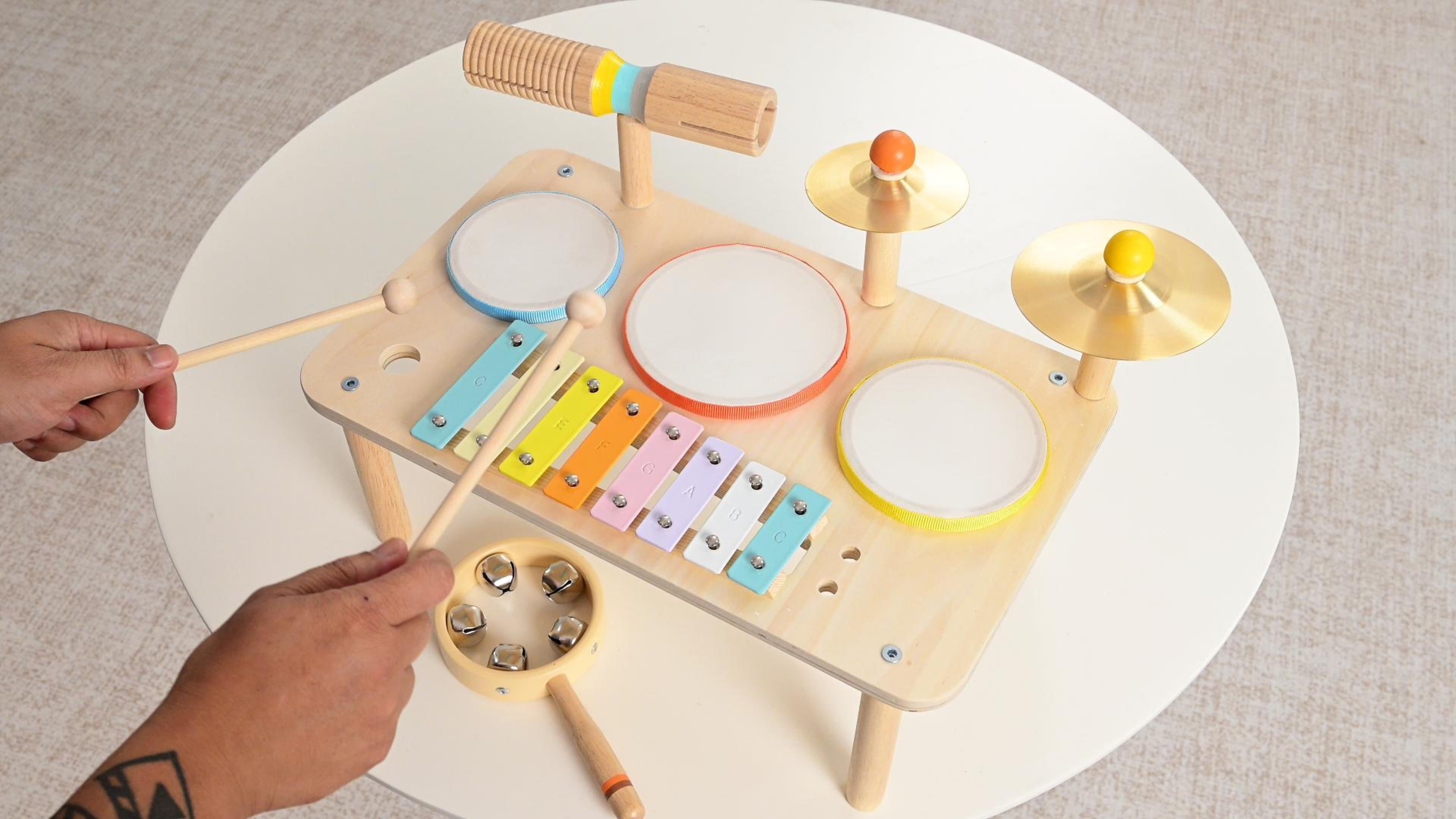 thumbnail video image 2 of OATHX Kids Drum Set, Montessori Musical Instruments for Toddlers, Wooden Musical Toys for Baby, Preschool Educational Xylophone Drum Kit, 2 of 8