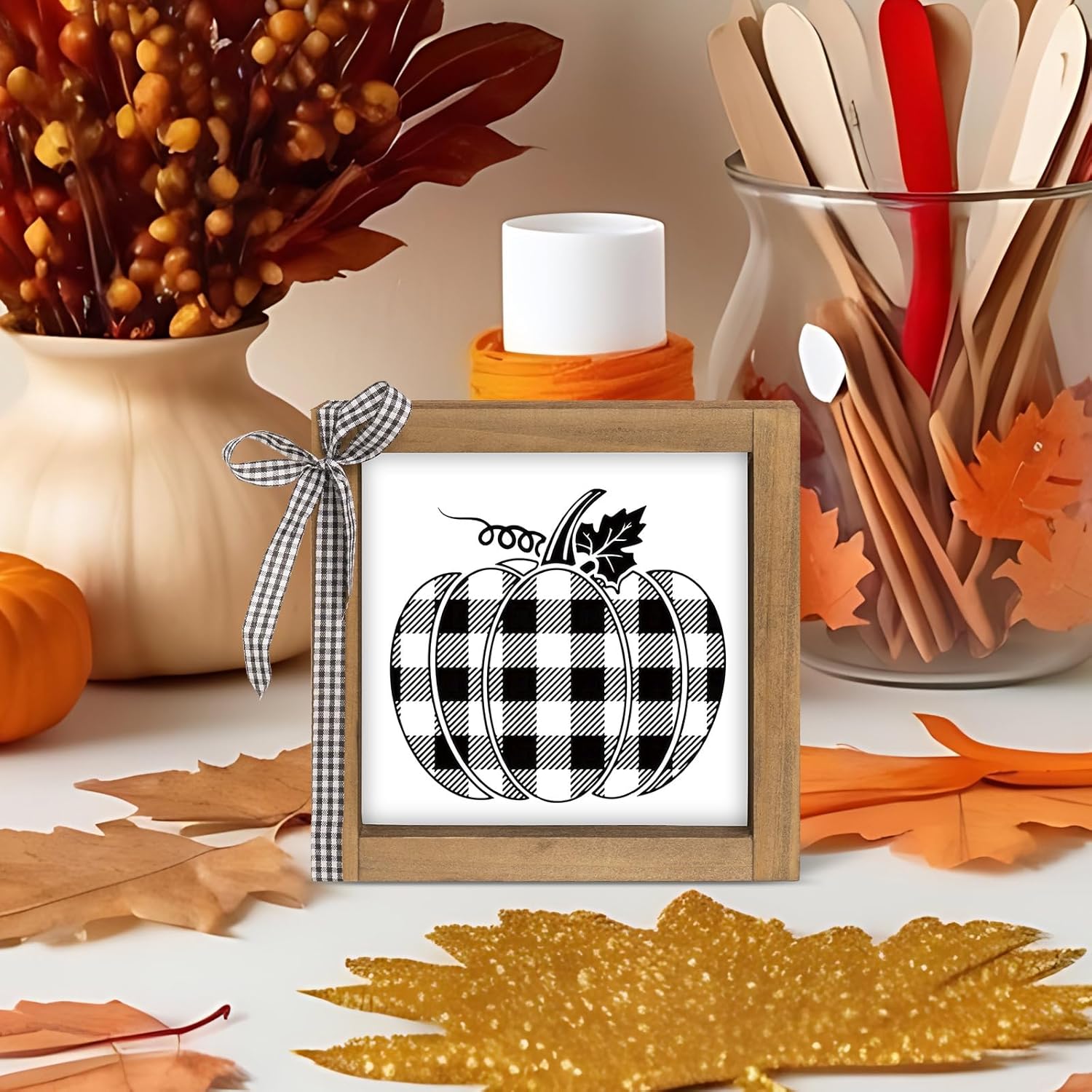 thumbnail video image 2 of Black and White Checkered Pumpkin Sign, Wooden Fall Halloween Thanksgiving Decorative Signage Plaques Decor, Indoor Table Shelf Tiered Tray Desk Wall Art Rustic Farmhouse Home Decorations, 2 of 8