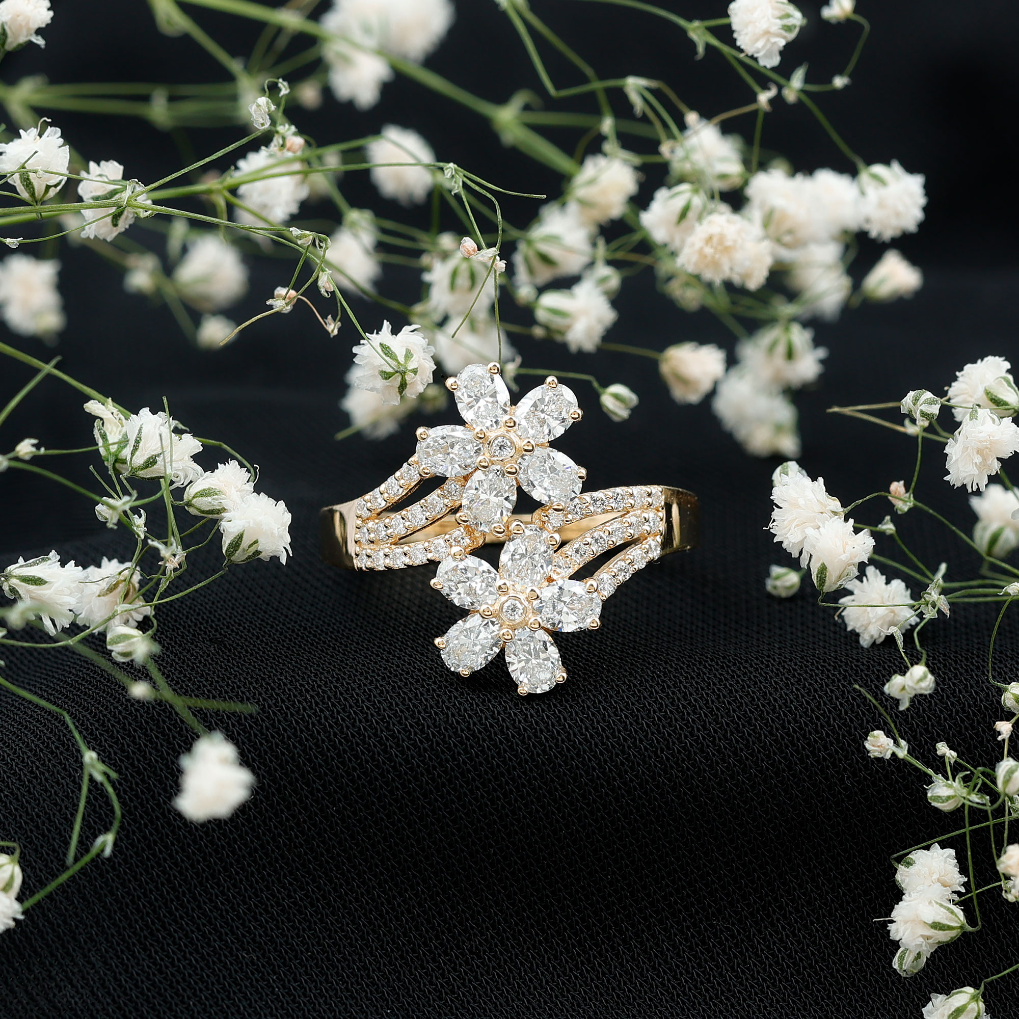 thumbnail video image 2 of Rosec Jewels Lab Created Diamond Ring (Ef-Vs Quality) - Twin Flower Cocktail Ring - Large Ring for Women with Jewelry Box, 18K White Gold, US 13.00, 2 of 8