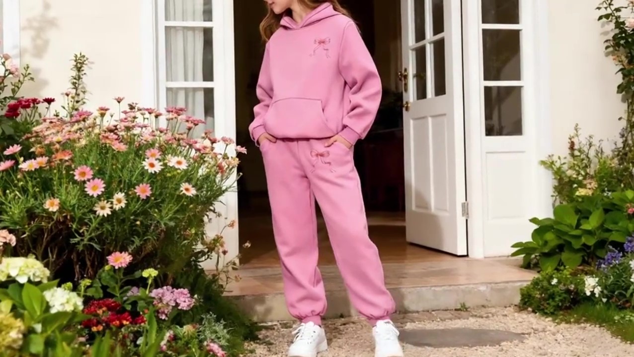 thumbnail video image 2 of WMQPNNS Girls Sweatsuit Set Wide Leg, Boys 2 Piece Sweatsuits Drop Shoulder Hoodie and Soft Sweatpants Casual Outfit Sportwear Outfit, for Age 6-7 Years, Light Purple, 2 of 8