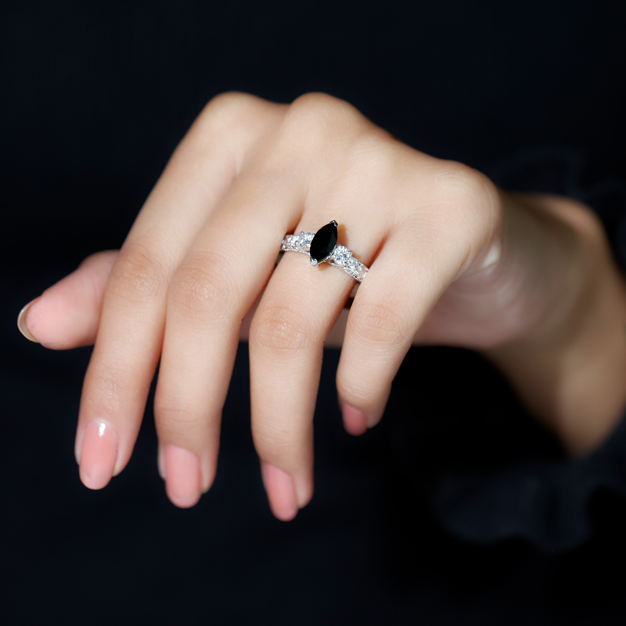 thumbnail video image 2 of Rosec Jewels Lab Created Black Diamond Solitaire Ring with Moissanite Side Stones - AAAA Grade, 925 Sterling Silver, US 4.00, 2 of 9