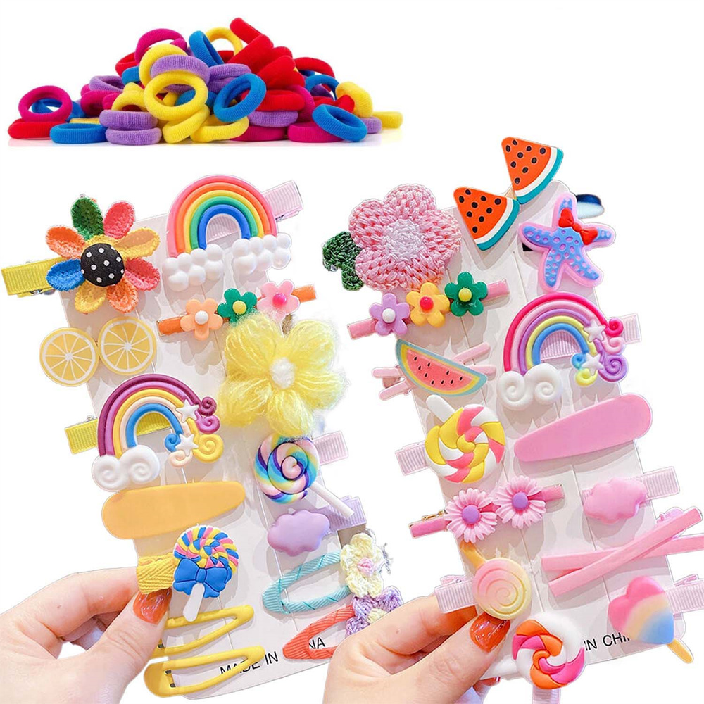 thumbnail video image 2 of 78 PCS Cute Hair Clips & Ties Set - Colorful Flower, Fruit, Rainbow, Candy Hair Accessories for Little Baby, Toddler Girls, Kids, Teens, 2 of 12