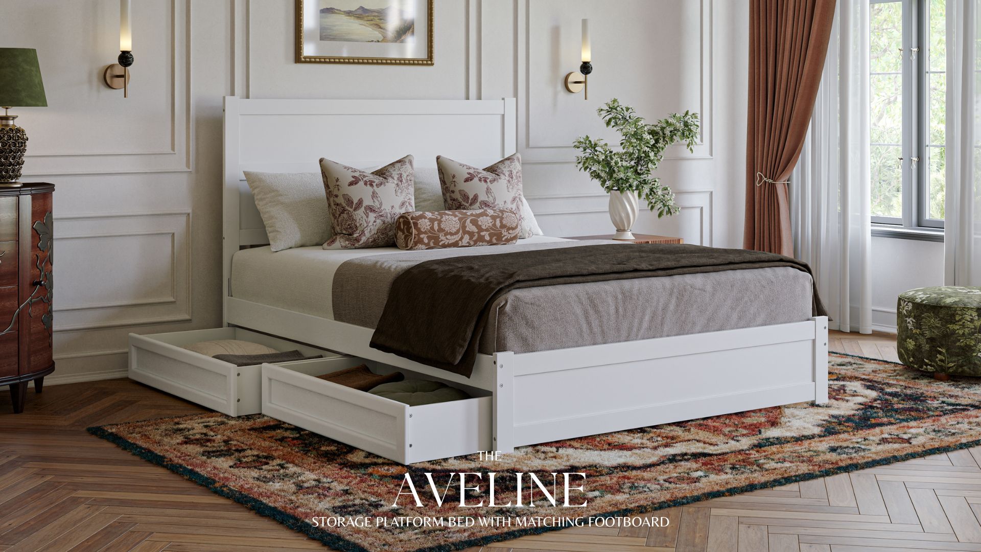 thumbnail video image 2 of AFI Aveline King Platform Bed with Matching Footboard & Storage Drawers, Walnut, 2 of 13