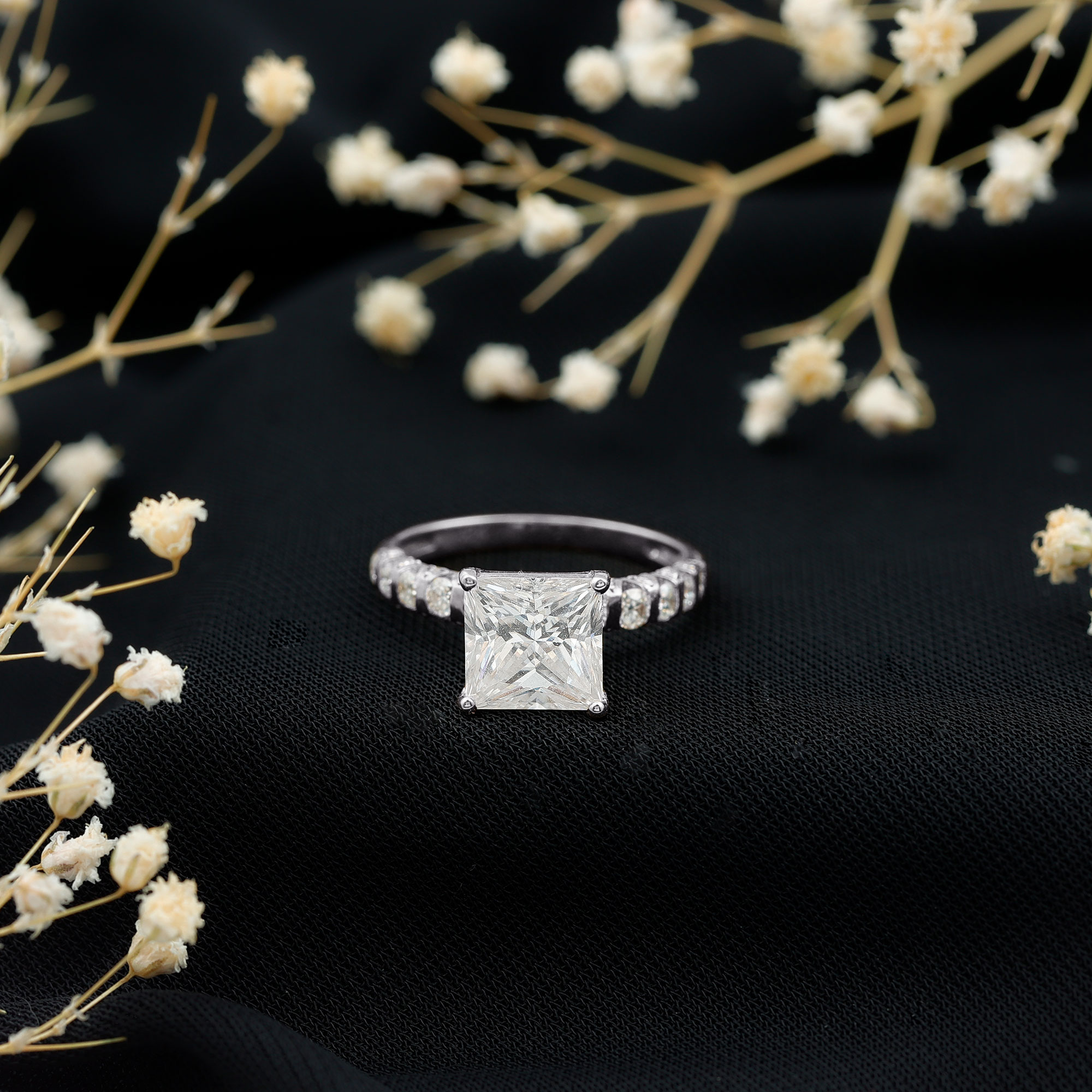 thumbnail video image 2 of Rosec Jewels Princess Cut Moissanite Solitaire Engagement Ring with Side Stones (8 mm, 3 Carat, D-VS1 Quality), 14K Yellow Gold, US 4.00, 2 of 9