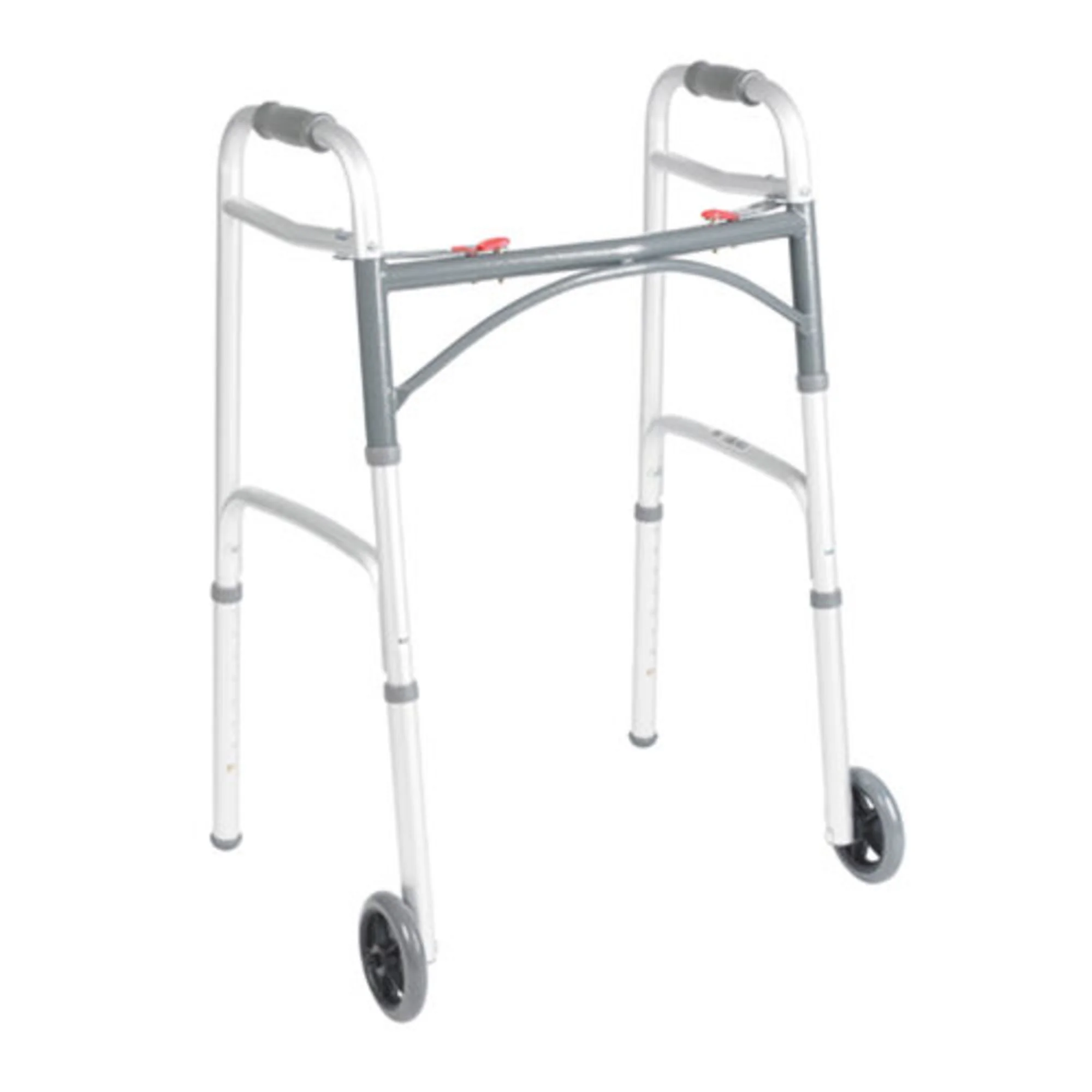 thumbnail video image 2 of McKesson Aluminum Silver Junior Dual Release Folding Walker with Wheels Adjustable Height up to 350 lbs 25 to 32.25" H, 2 of 3