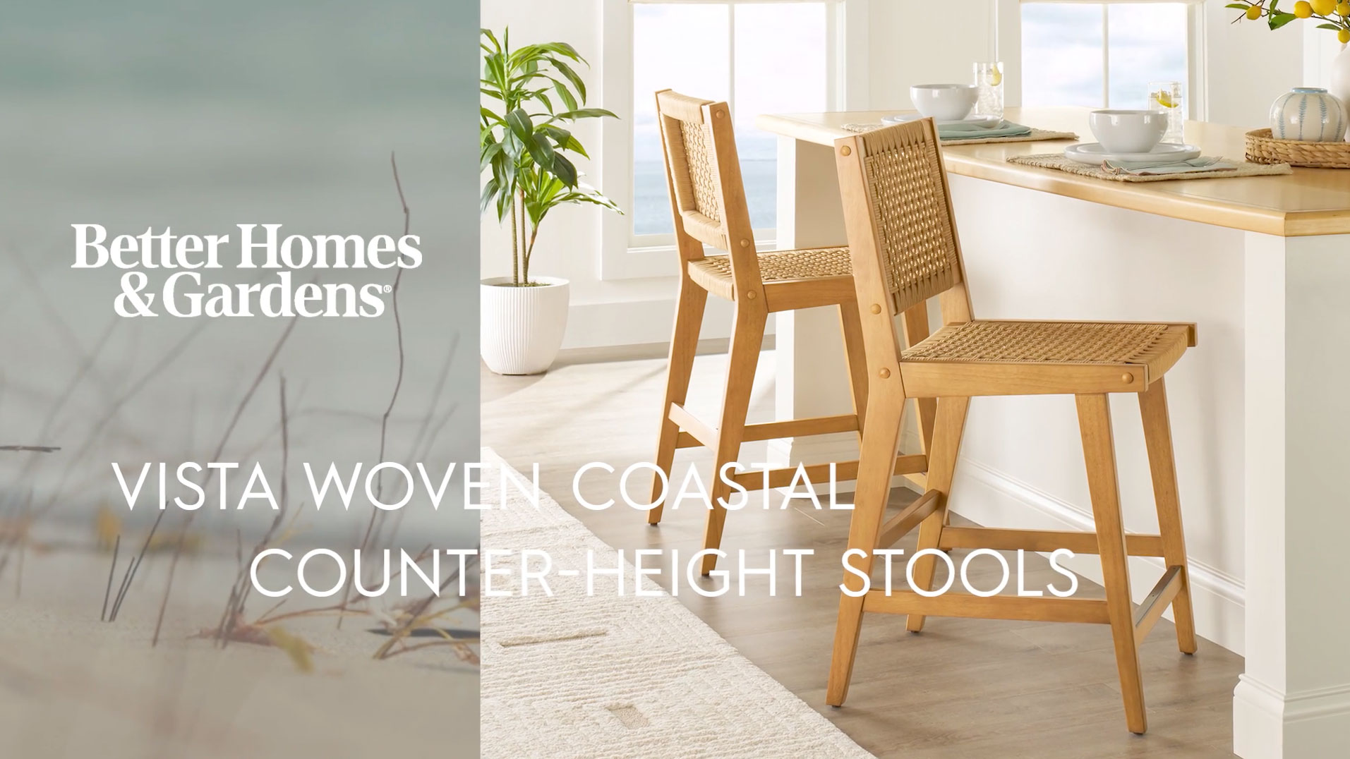 thumbnail video image 2 of Better Homes & Gardens Vista Woven Counter-Height Stools 2 Pack, Light Honey Finish, 2 of 14