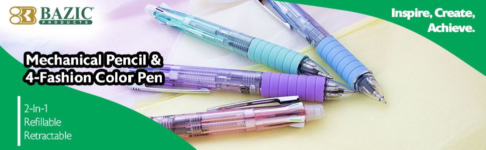 thumbnail video image 2 of BAZIC 2-In-1 Mechanical Pencil & 4-Fashion Color Pen with Grip, 1.0 mm Bold Point, HB Pencil Lead, 24-Pack, 2 of 8