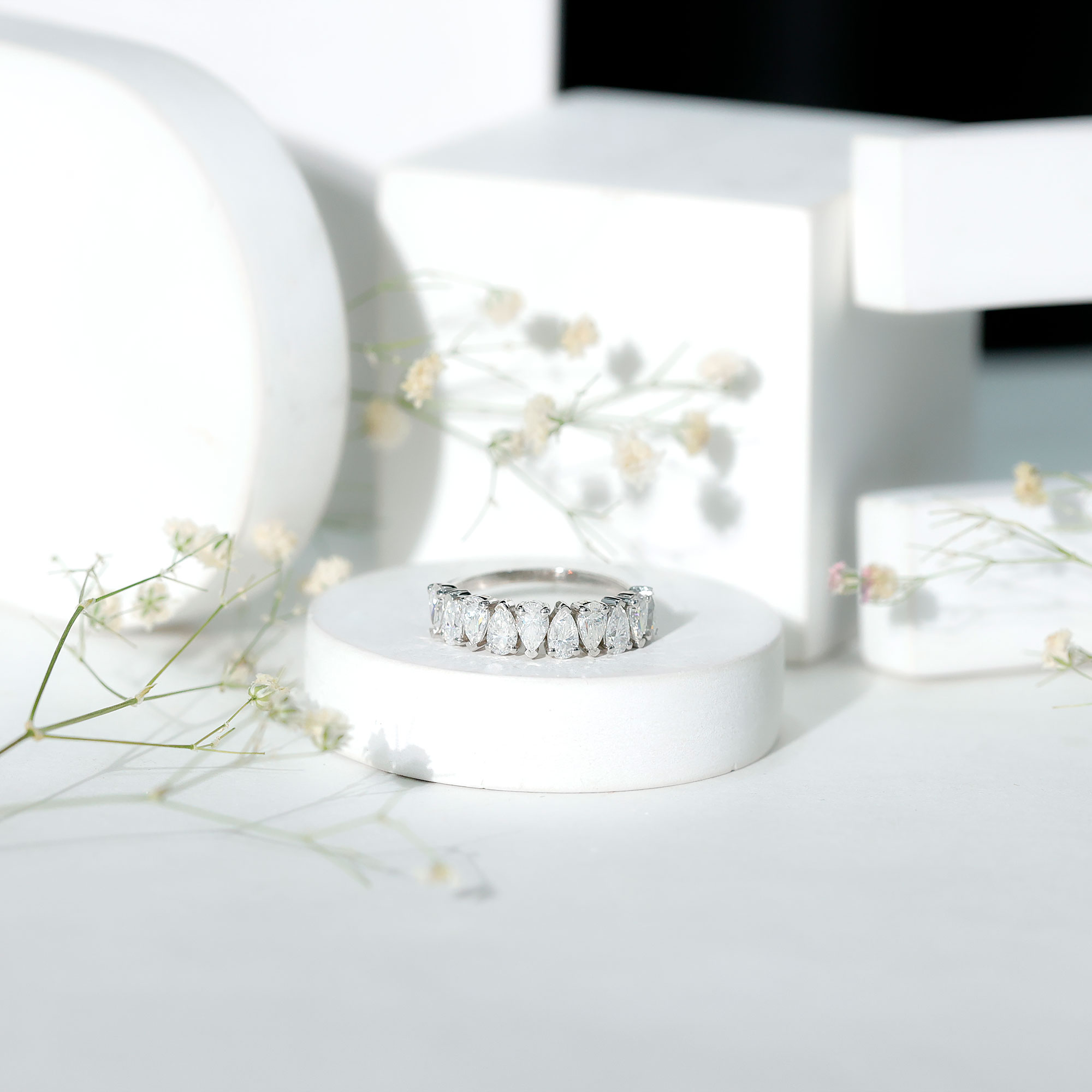 thumbnail video image 2 of Rosec Jewels Pear Shape Moissanite Half Eternity Ring for Women (D Color VS1 Clarity), 18K White Gold, US 7.50, 2 of 8