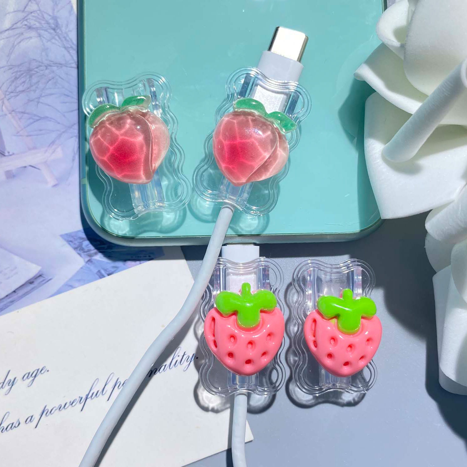 thumbnail video image 2 of Tianyeda 4pcs Peach Pattern Charging Data Cord Protectors For All Orignal apple cables, 2 of 8