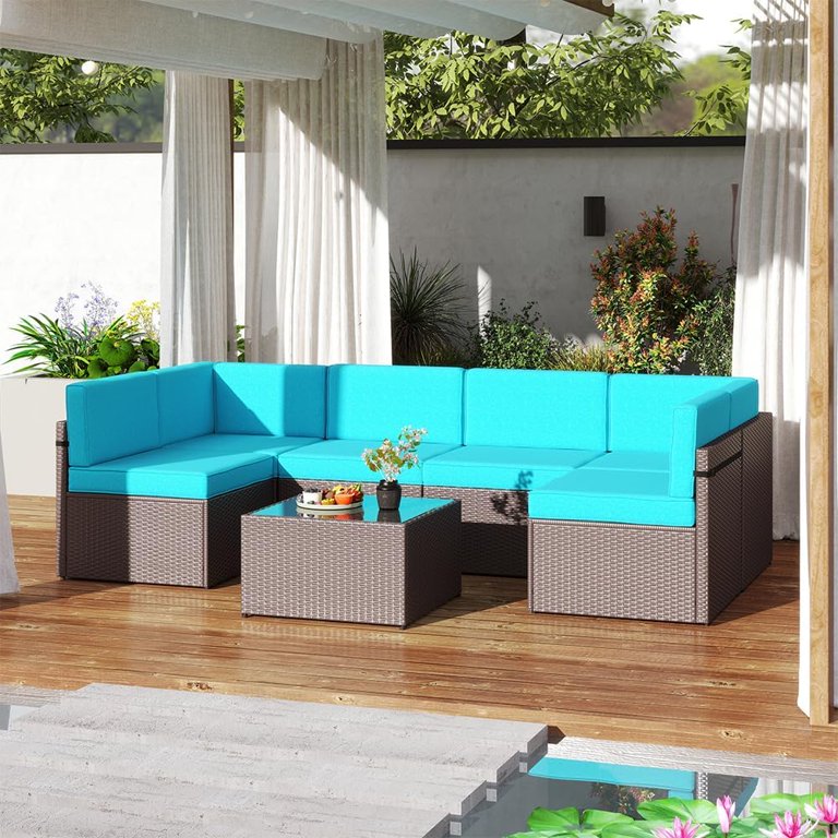 Kinbor 7Pcs Modern Rattan Set, Outdoor Wicker Sectional Sofa Patio