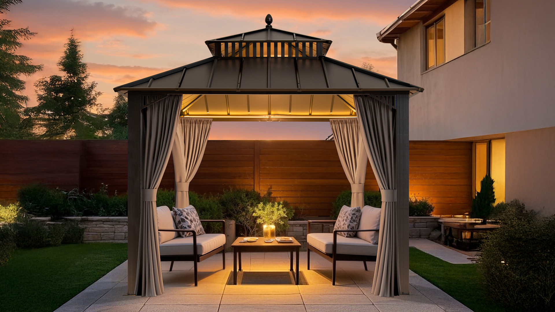 thumbnail video image 2 of Sunjoy 10x10 Gazebo with Metal Roof, Curtain, and Netting, Woodgrain Aluminum Posts,Kingston, 2 of 15