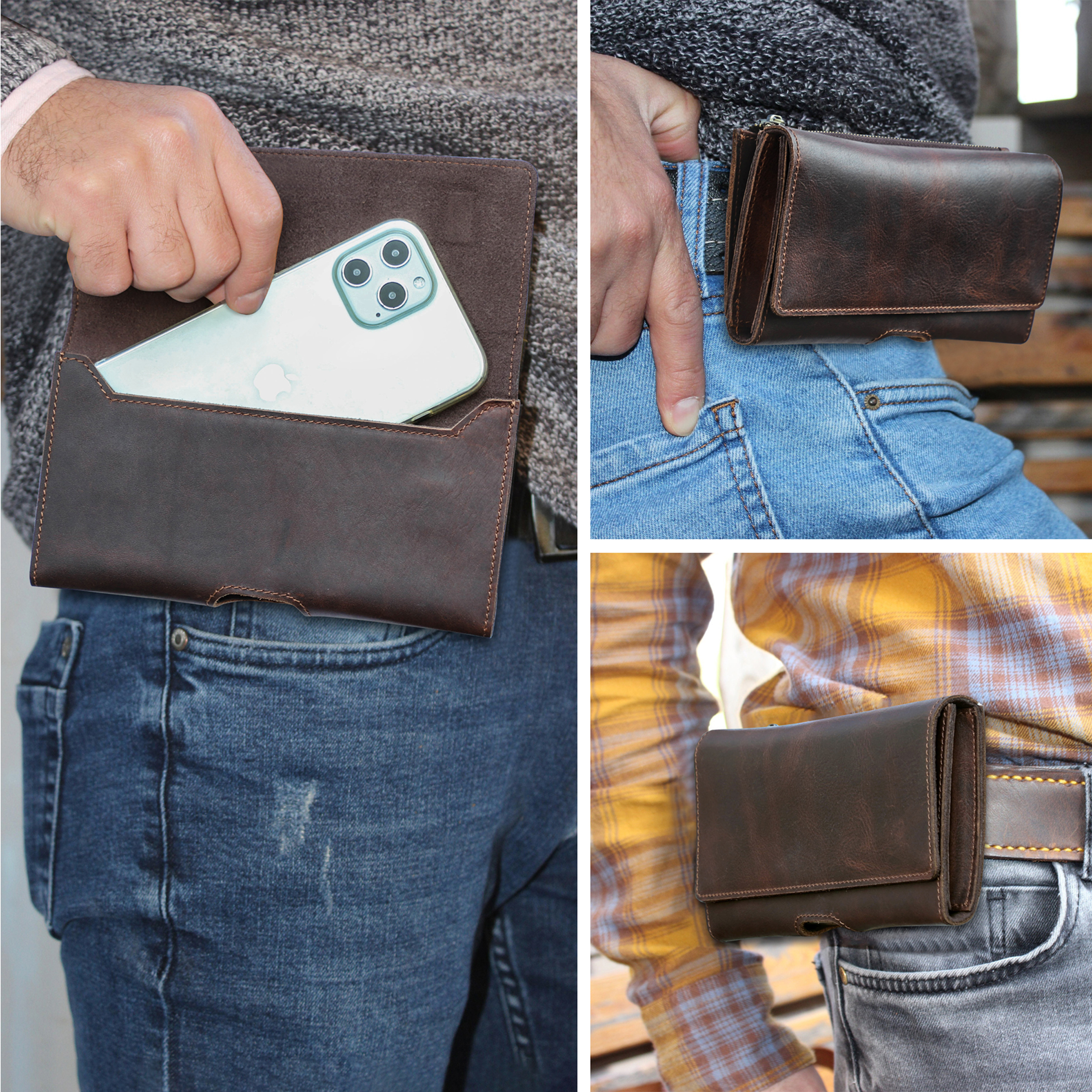 thumbnail video image 2 of Contact's Leather Waist Case With Belt Clip for 6.7'' Phone , Travel Small Waist Belt Pouch ,Phone Pocket Card Holder, Valentine Gift, Coffee, 2 of 8