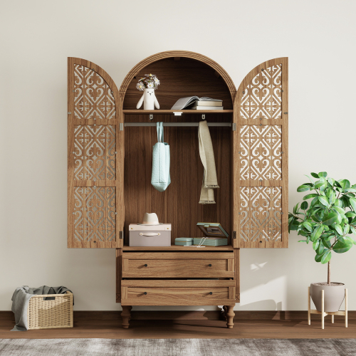 thumbnail video image 2 of LUMAMIN 70" Tall Arched Pantry Cabinet, Hollow-Carved Kitchen Pantry Storage Cabinet with 2 Drawers, Hanging Rod & Solid Wood Legs for Living Room, Dining Room, Walnut, 2 of 10